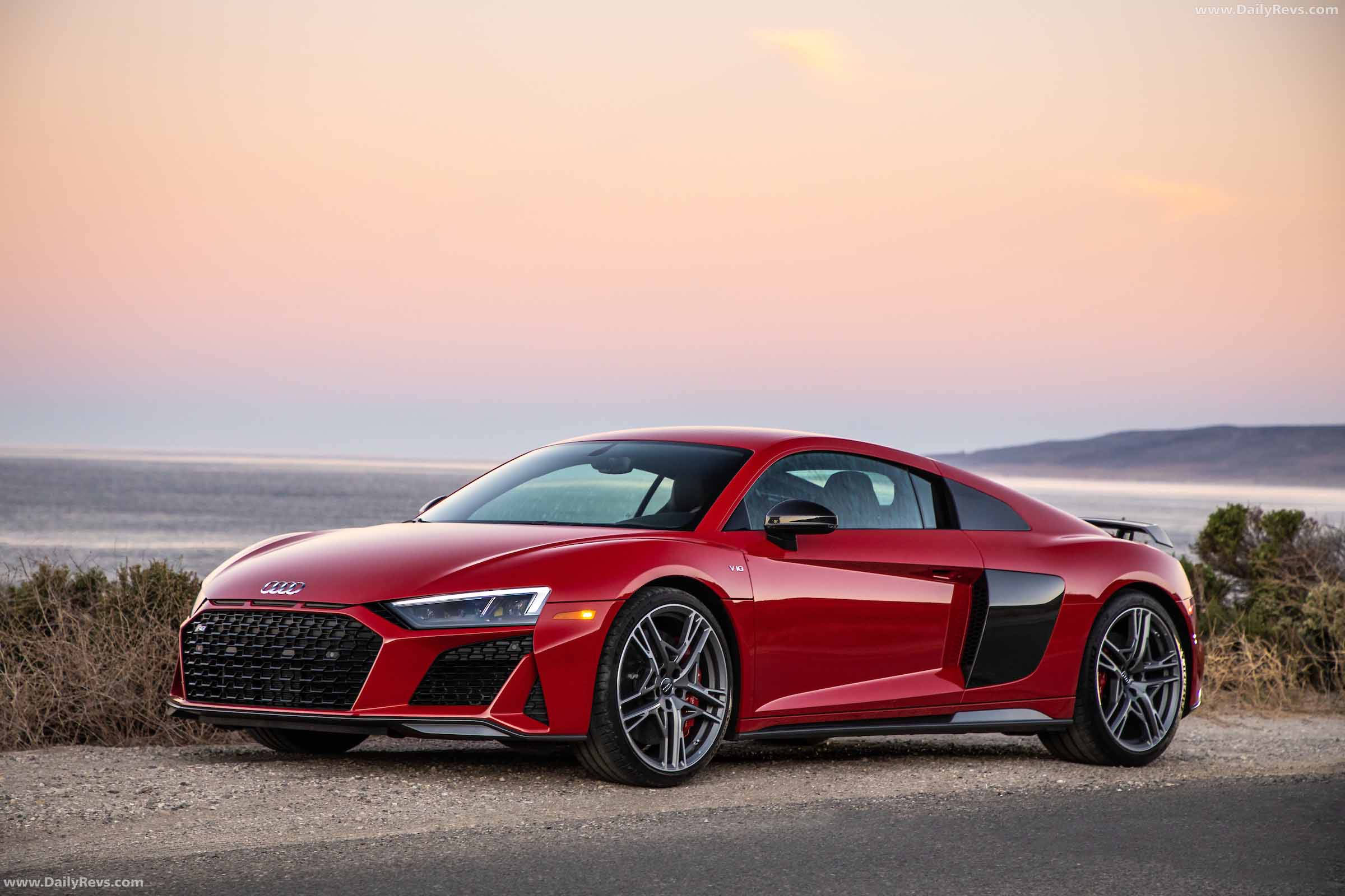 Audi R8, Red, Coastal road, Full HD Desktop Wallpaper