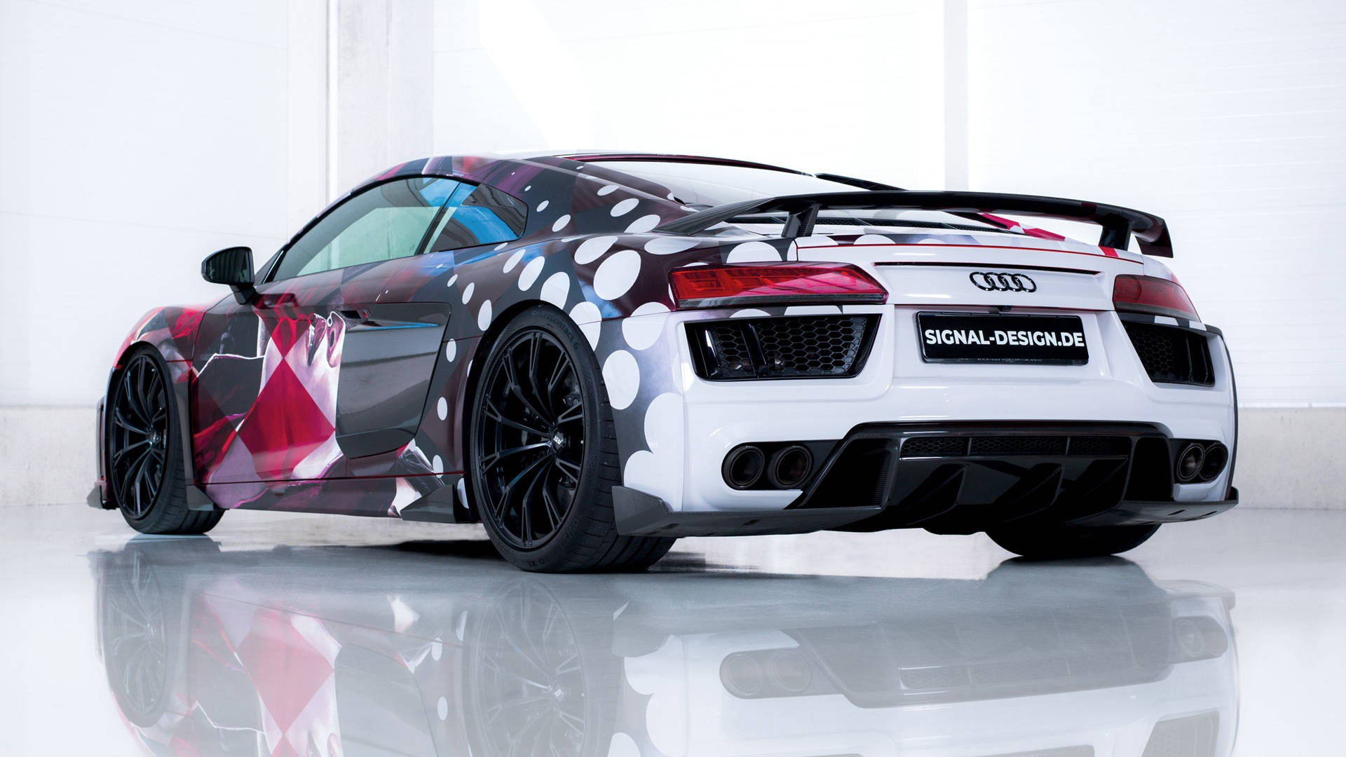 Audi R8, bold red white and black geometric patterned wrap, reflective floor, Full HD Desktop Wallpaper