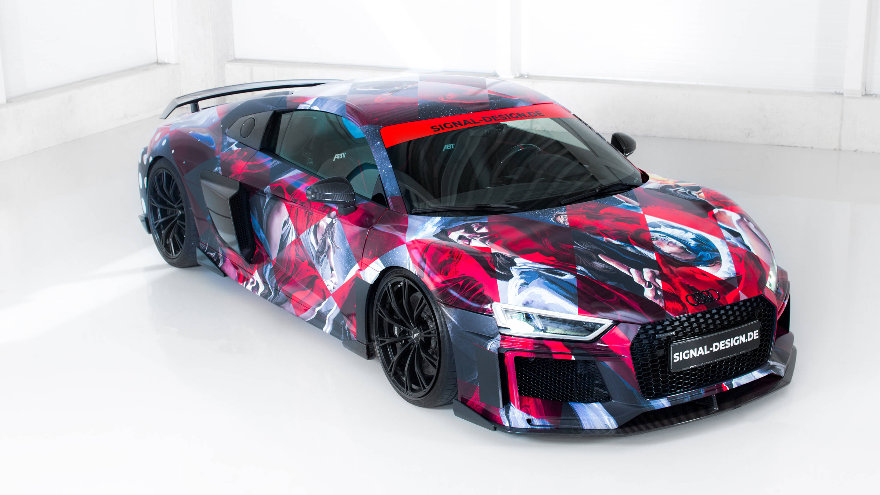 Audi R8, bold red blue and black anime-style graphic wrap, bright minimalist studio, 2K Desktop Wallpaper