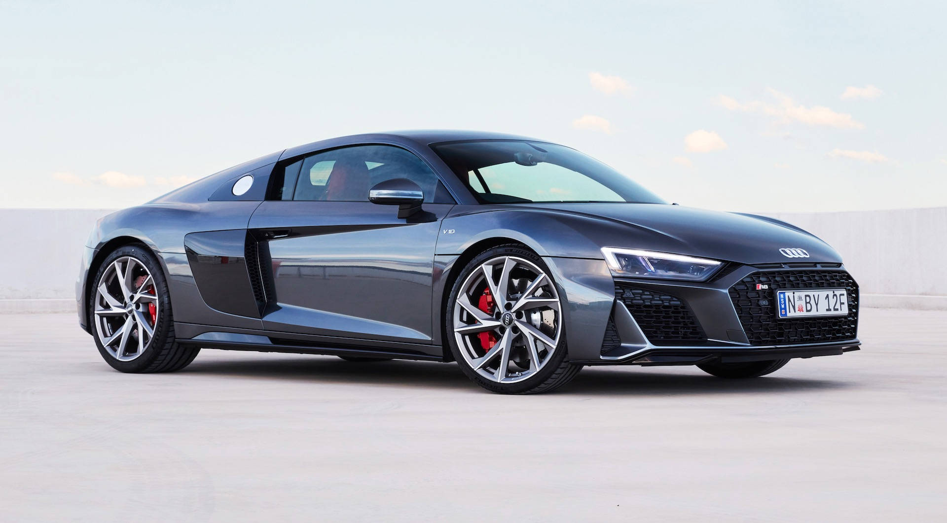 Audi R8, matte gray, red brake calipers, Full HD Desktop Wallpaper