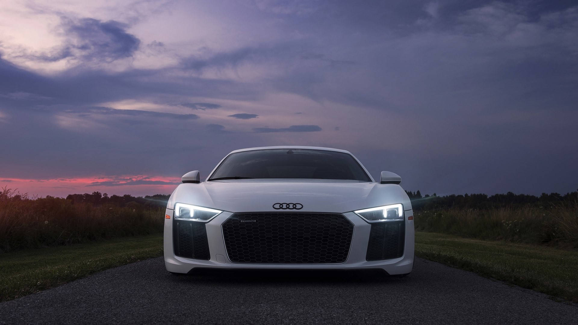 Audi R8, white, glowing headlights, Full HD Desktop Wallpaper