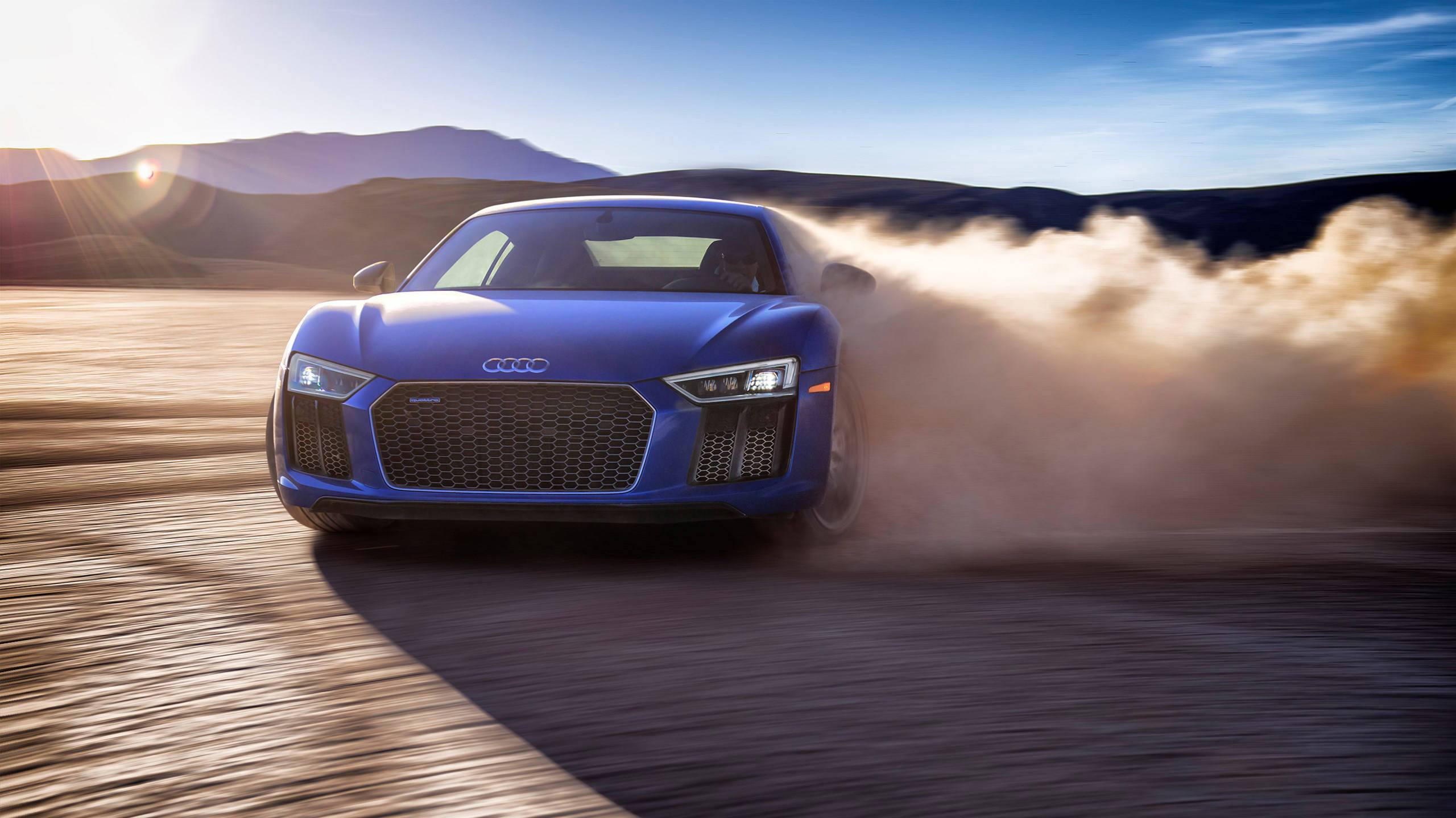 Audi R8, blue, dusty desert road, 2K Desktop Wallpaper