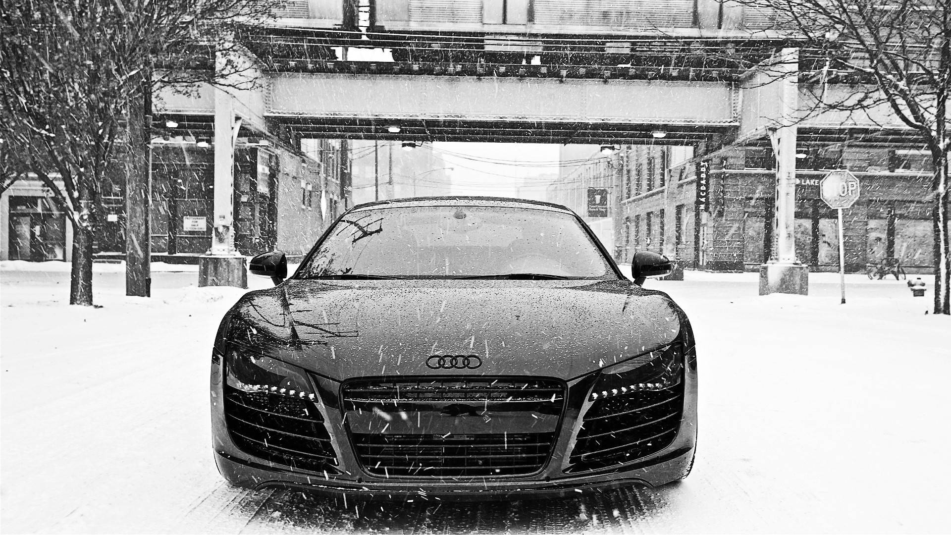 Audi R8, black, snowy urban street, Full HD Desktop Wallpaper