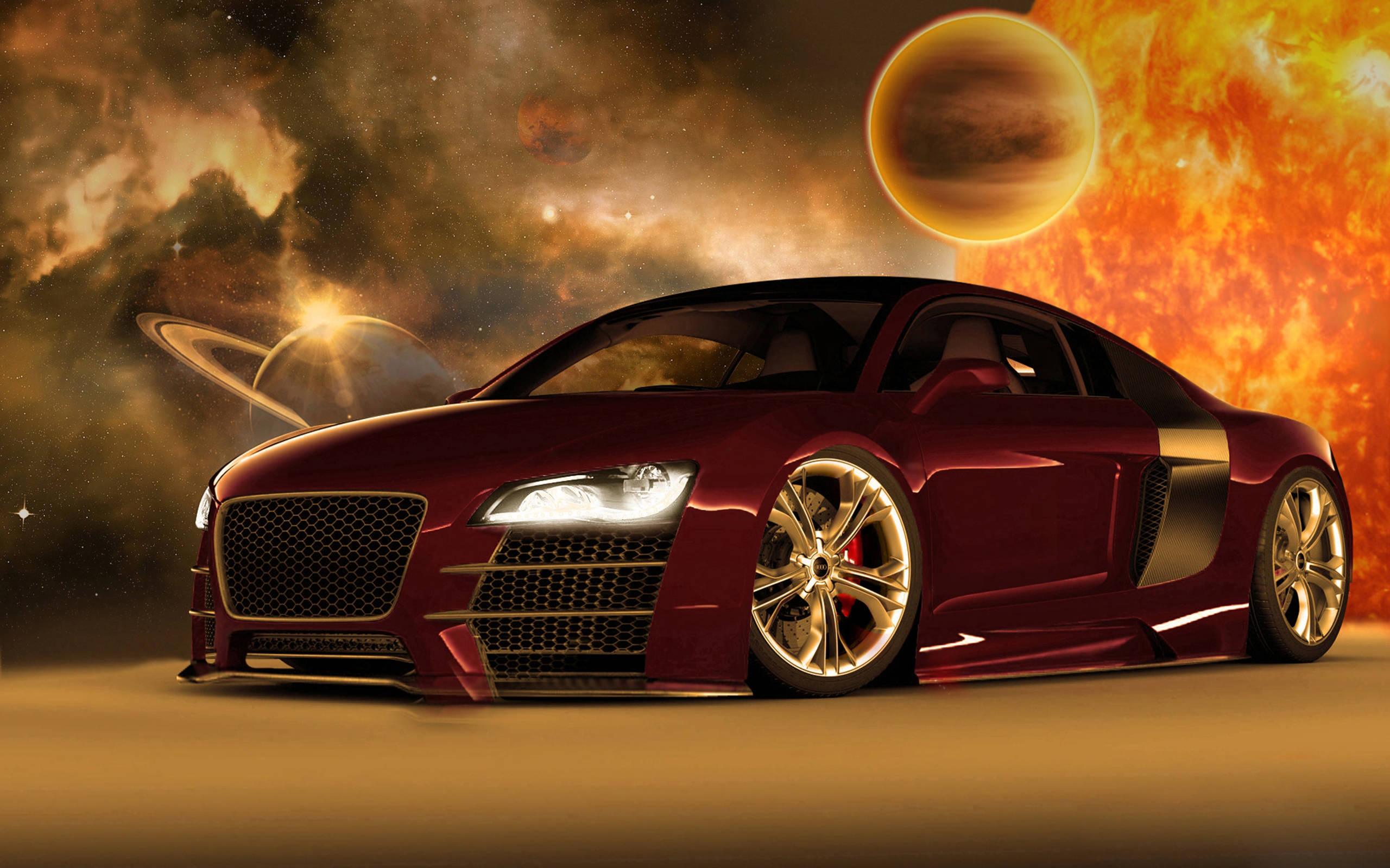 Audi R8, maroon sports car, cosmic light, 2K Desktop Wallpaper