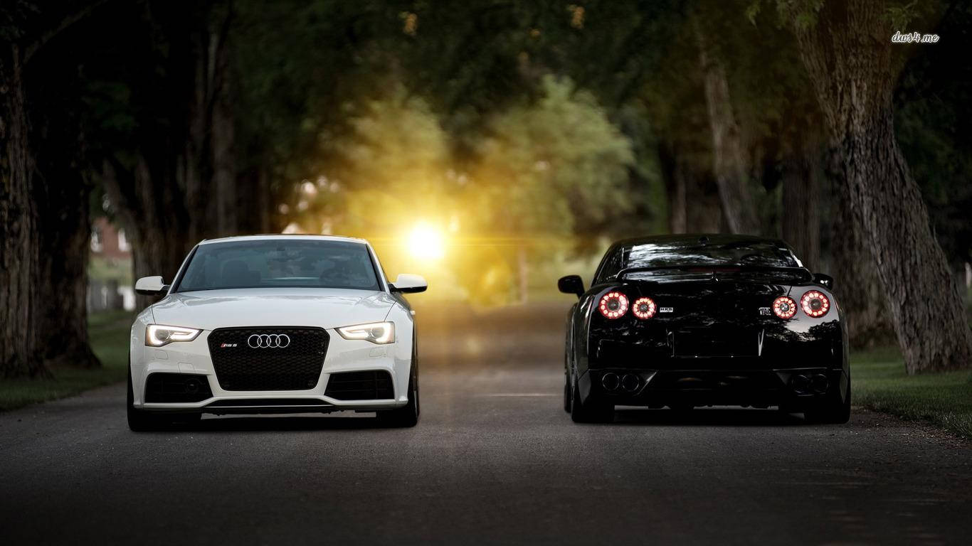White Audi RS, Black Nissan, Tree-lined road, HD Desktop Wallpaper