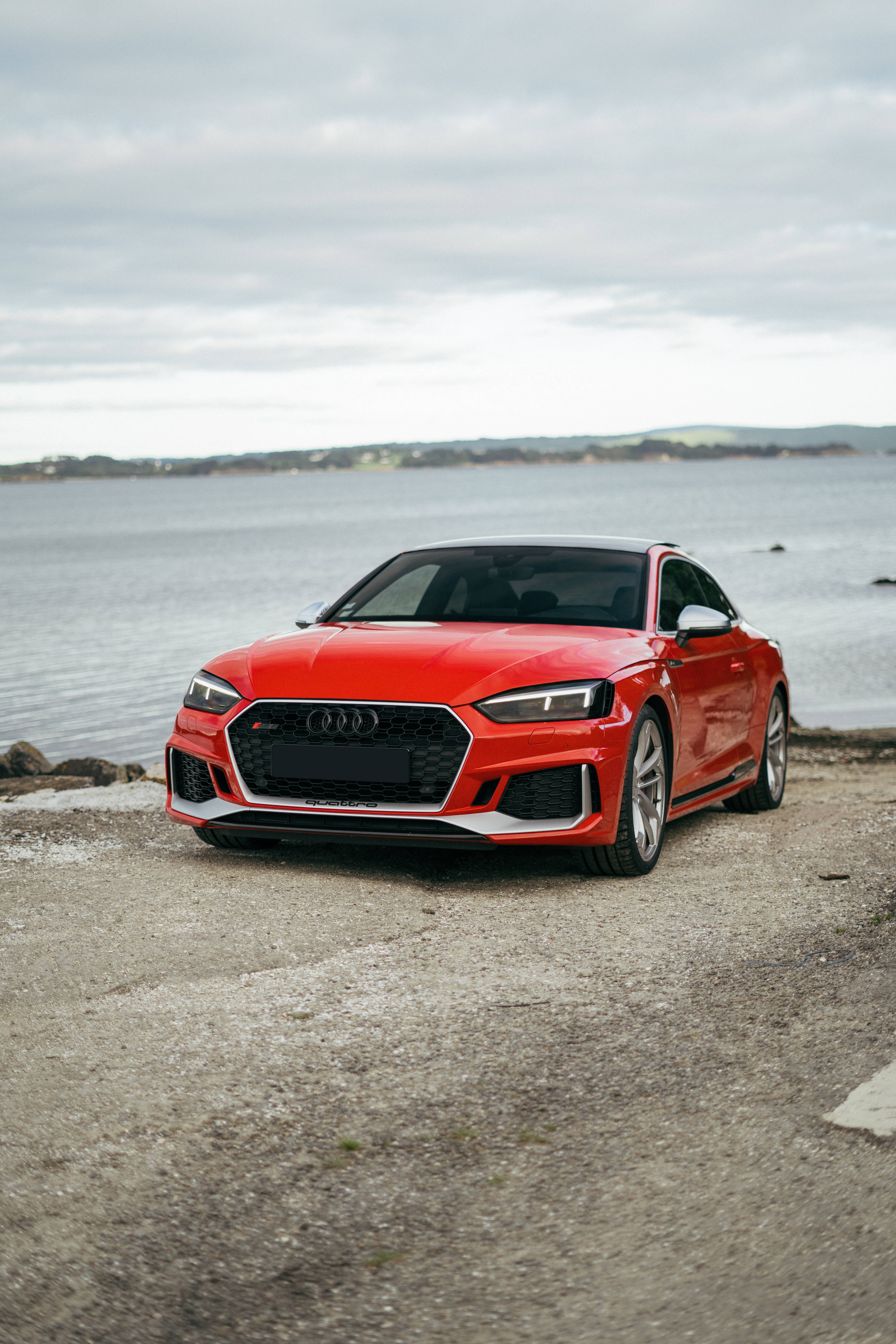 Audi RS, gravel shore, calm water, 5K Phone Wallpaper