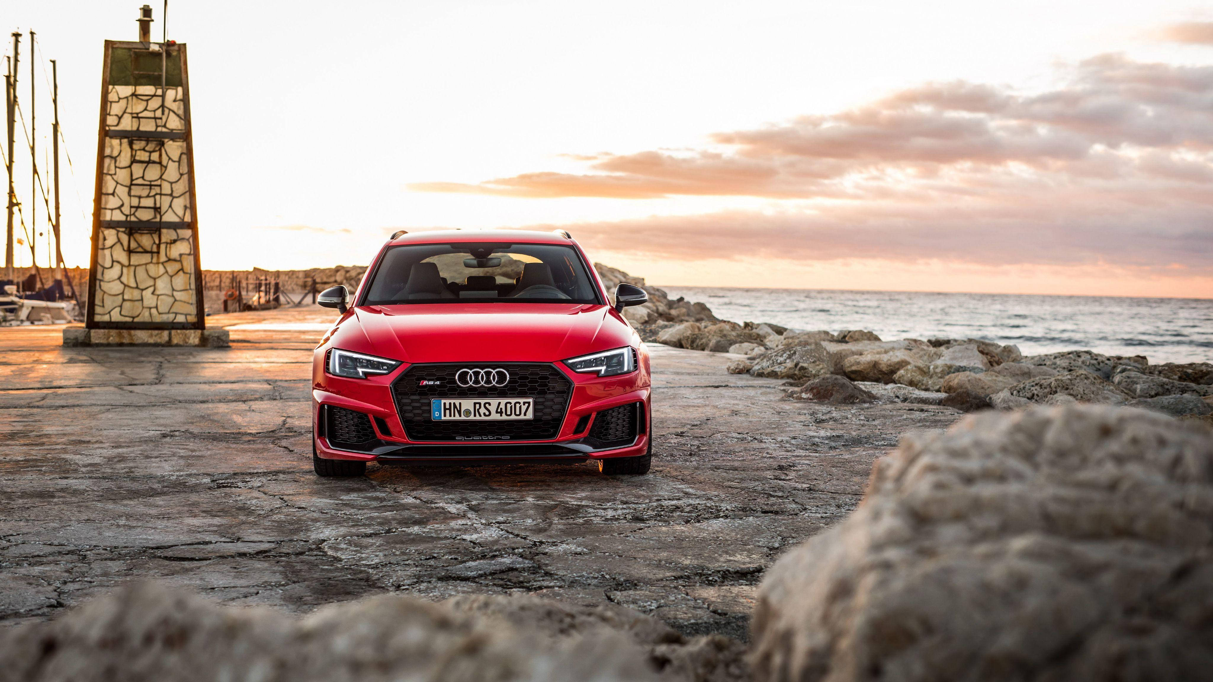 Audi RS 4, seaside pier, sunset, 4K Desktop Wallpaper