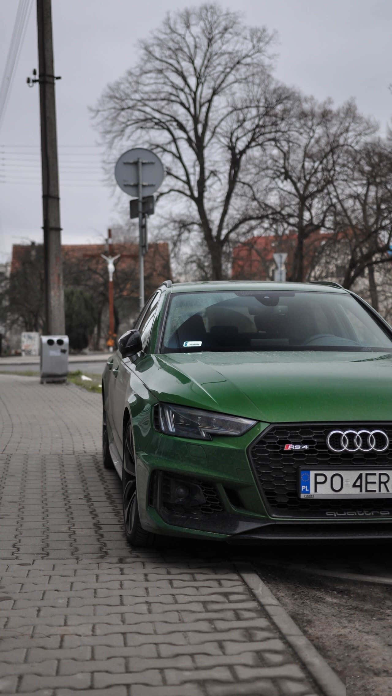 Audi RS4, vibrant green, cobblestone street, Full HD Phone Wallpaper