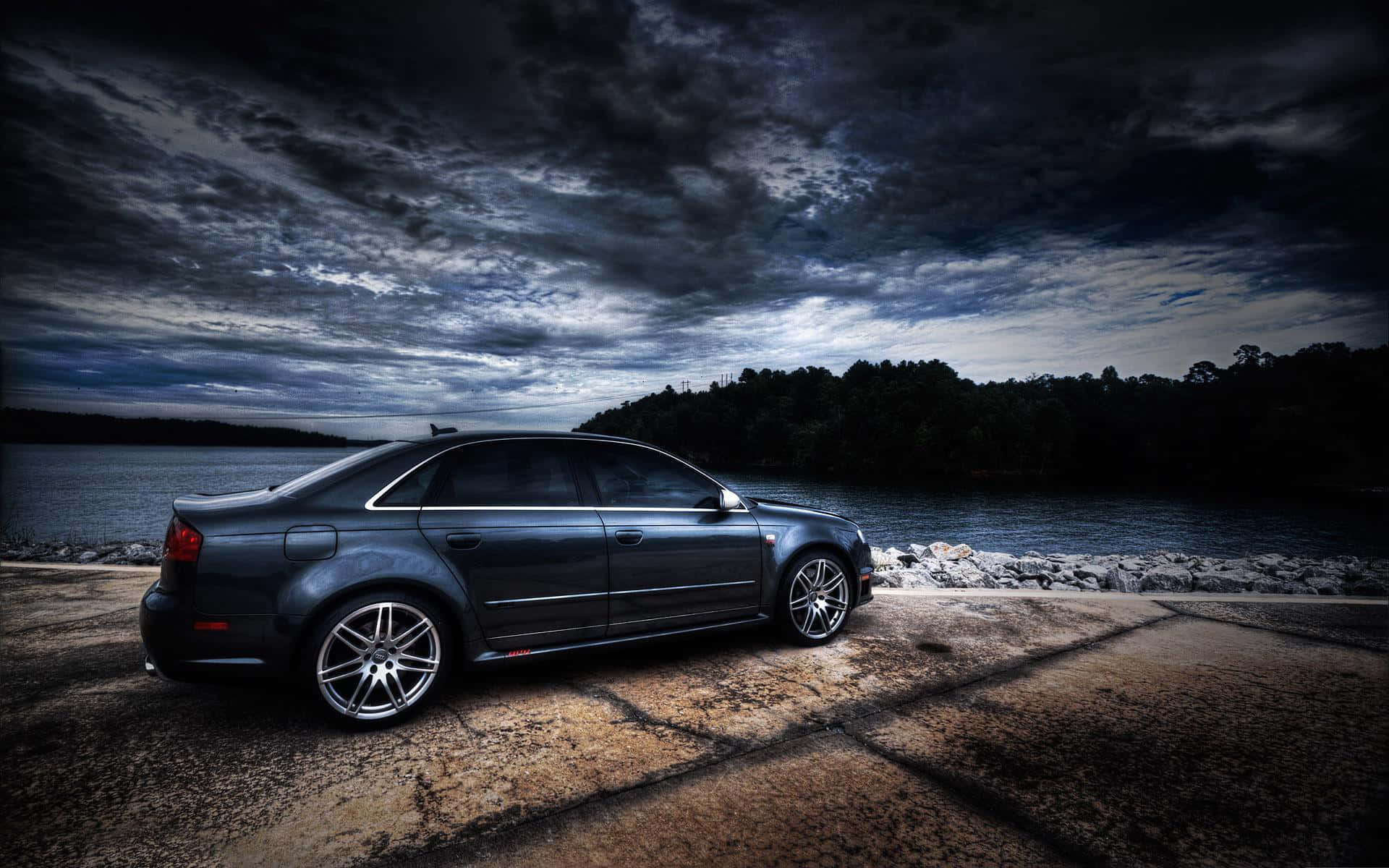Audi RS4, dark sedan, cracked concrete shore, Full HD Desktop Wallpaper