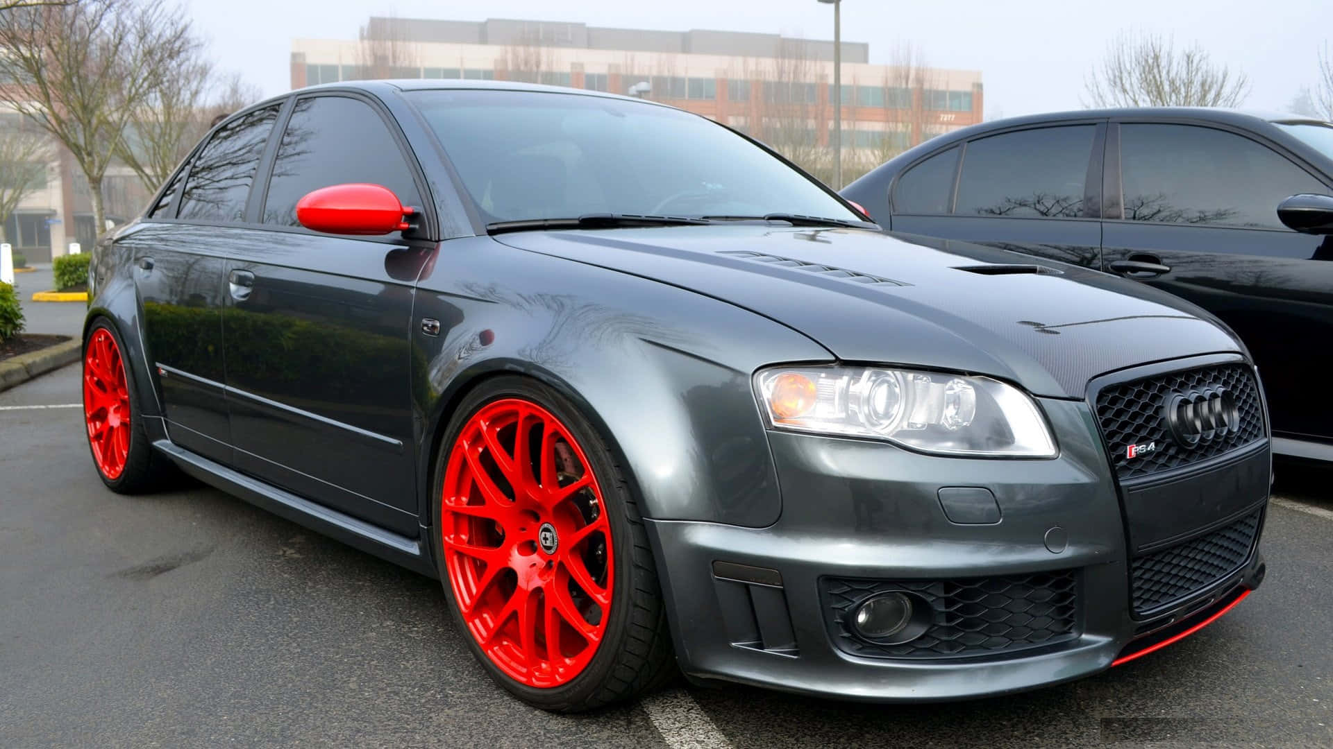 Audi RS4, matte gray, vibrant red rims, Full HD Desktop Wallpaper