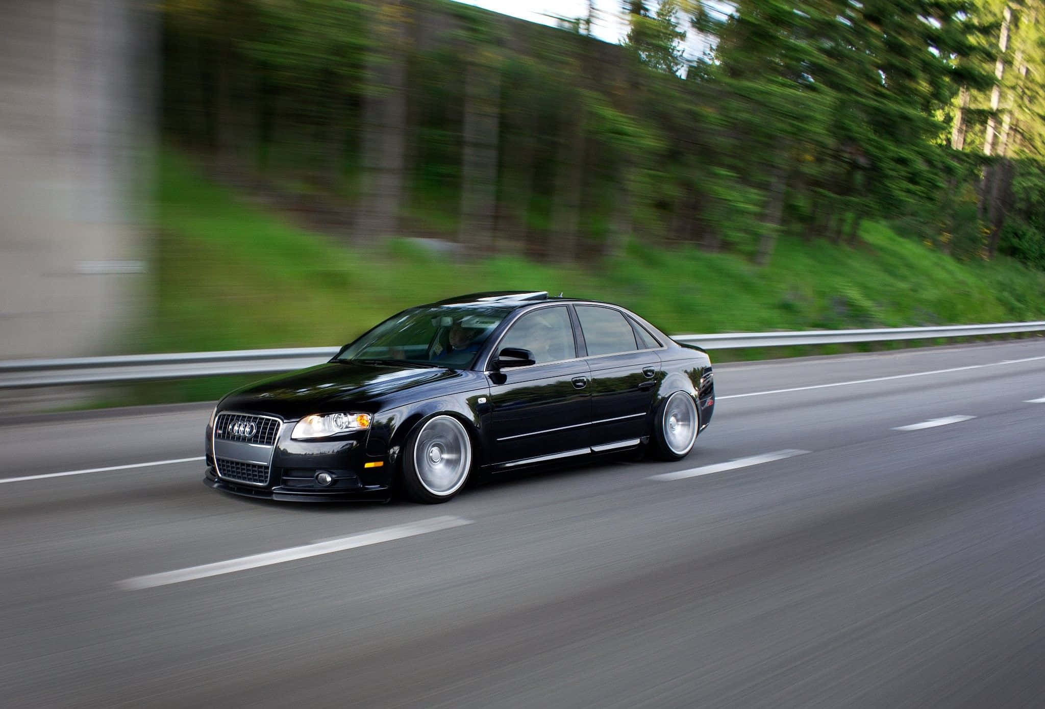 Audi RS5, black, forest-lined highway, Full HD Desktop Wallpaper