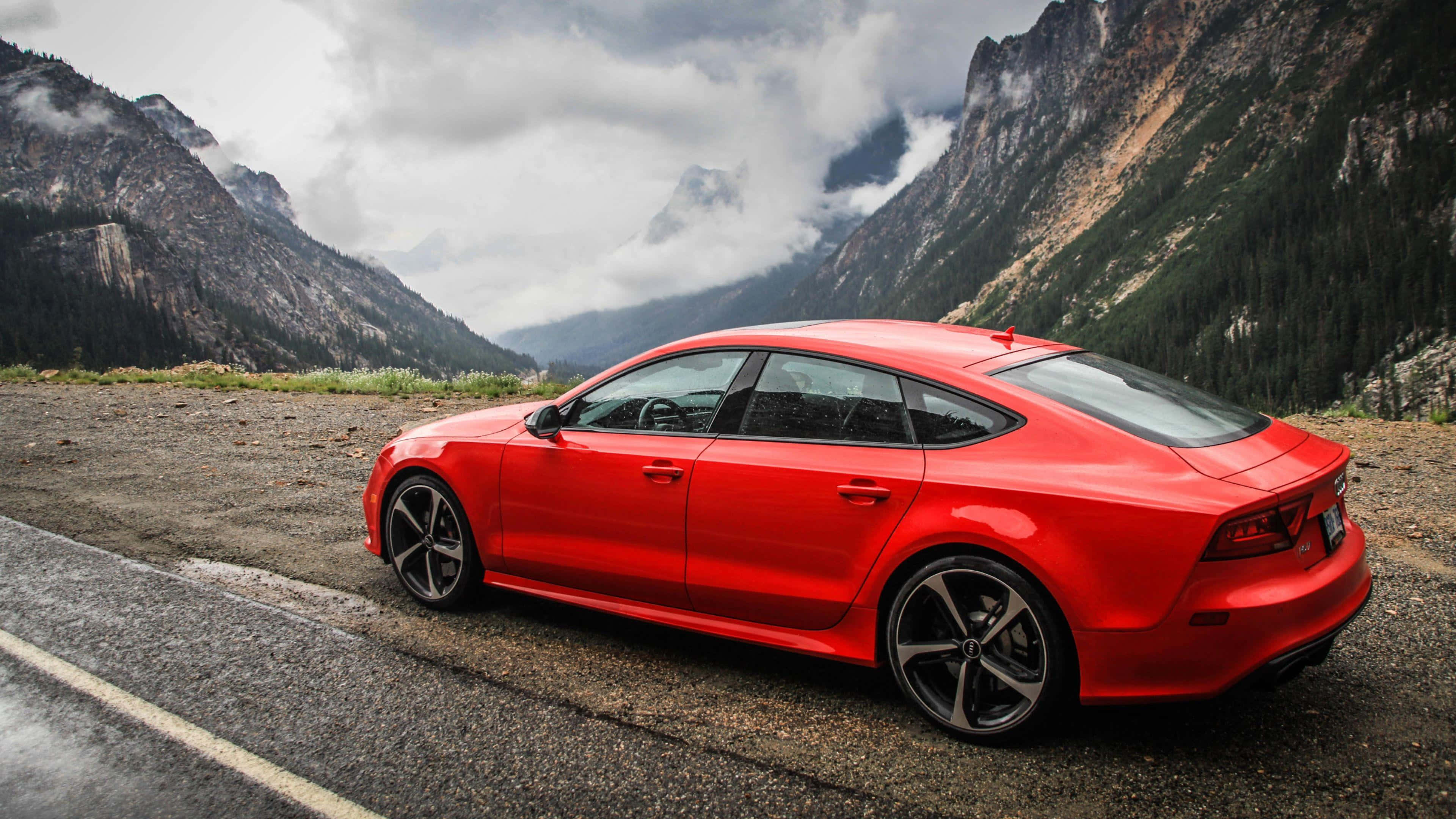 Audi S7, vibrant red, mountain road, 4K Desktop Wallpaper