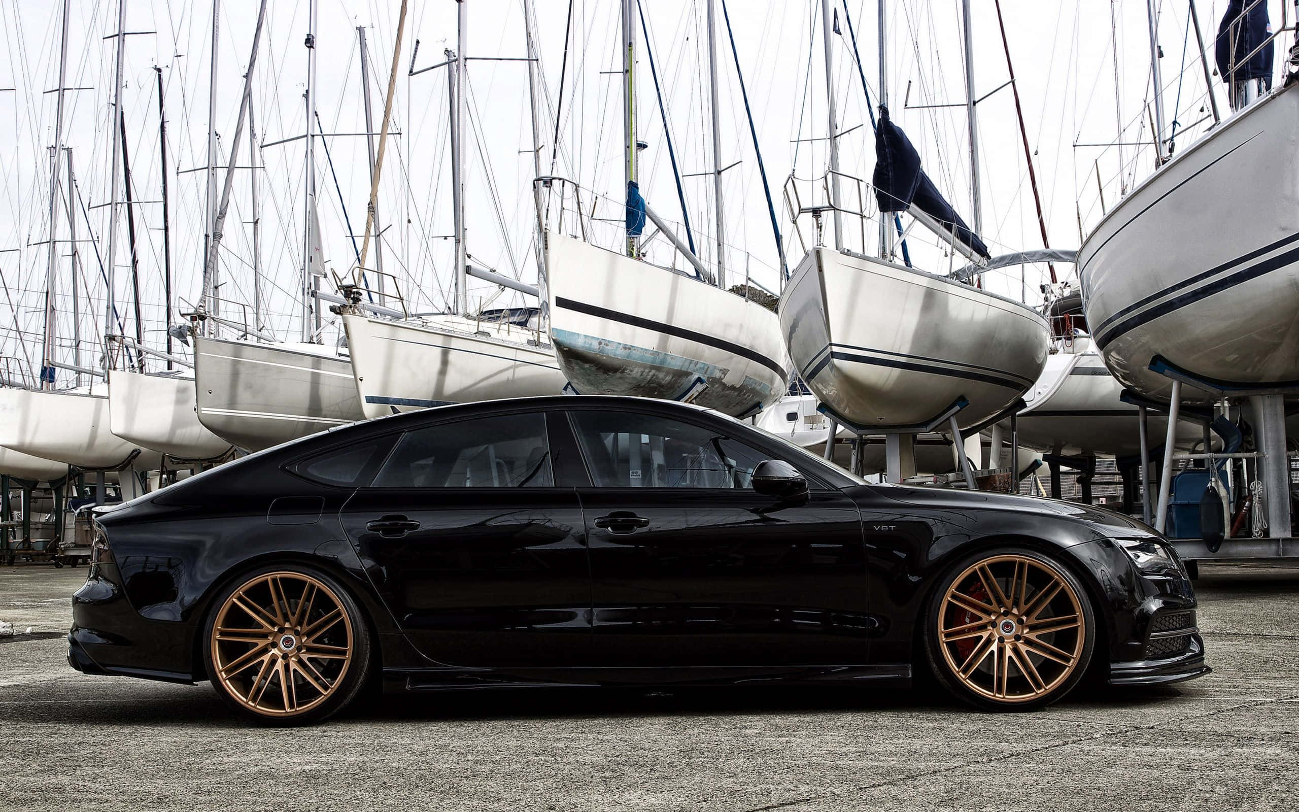Audi S7, black, gold wheels, 2K Desktop Wallpaper
