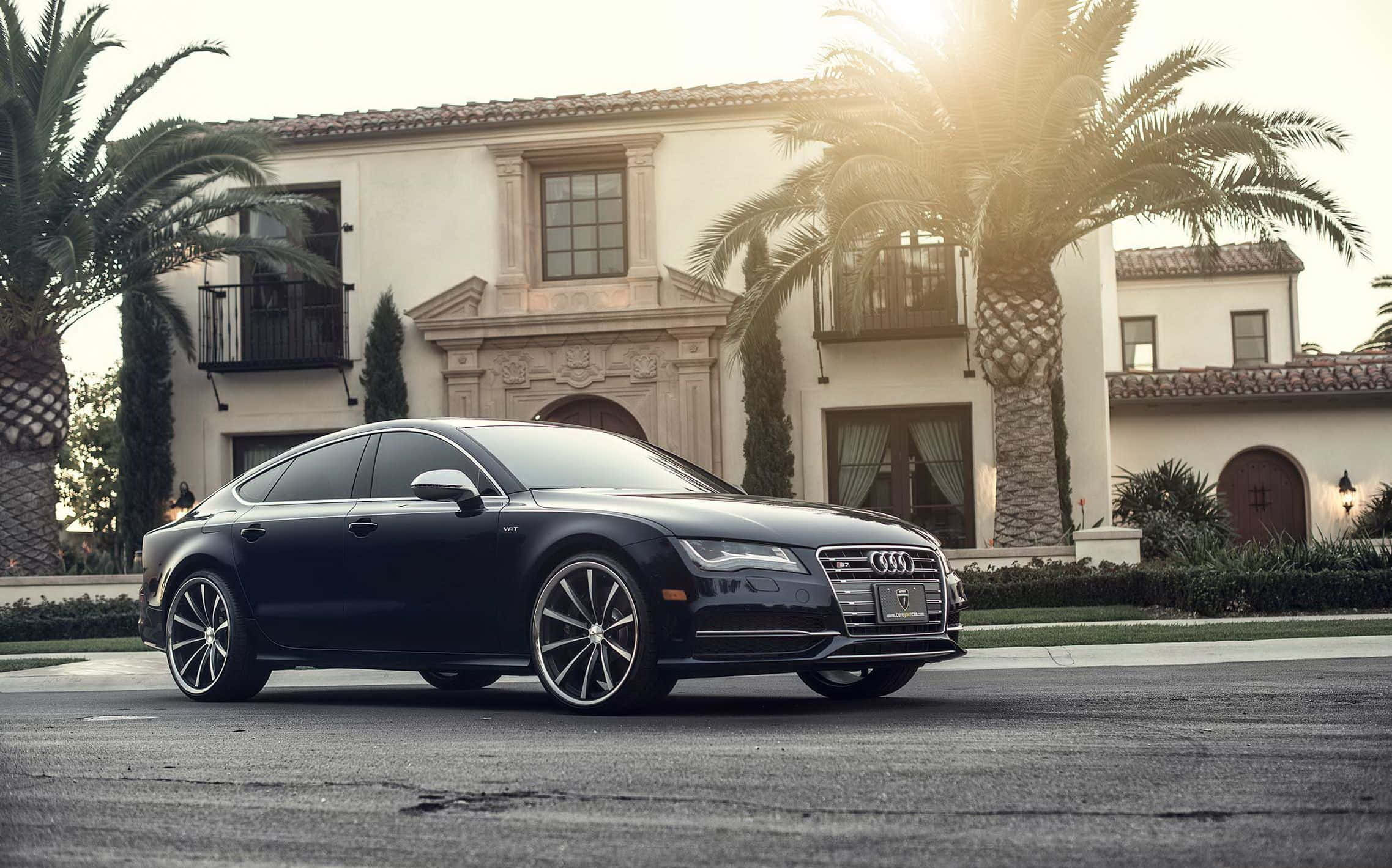 Audi S7, black, Spanish-style mansion, Full HD Desktop Wallpaper