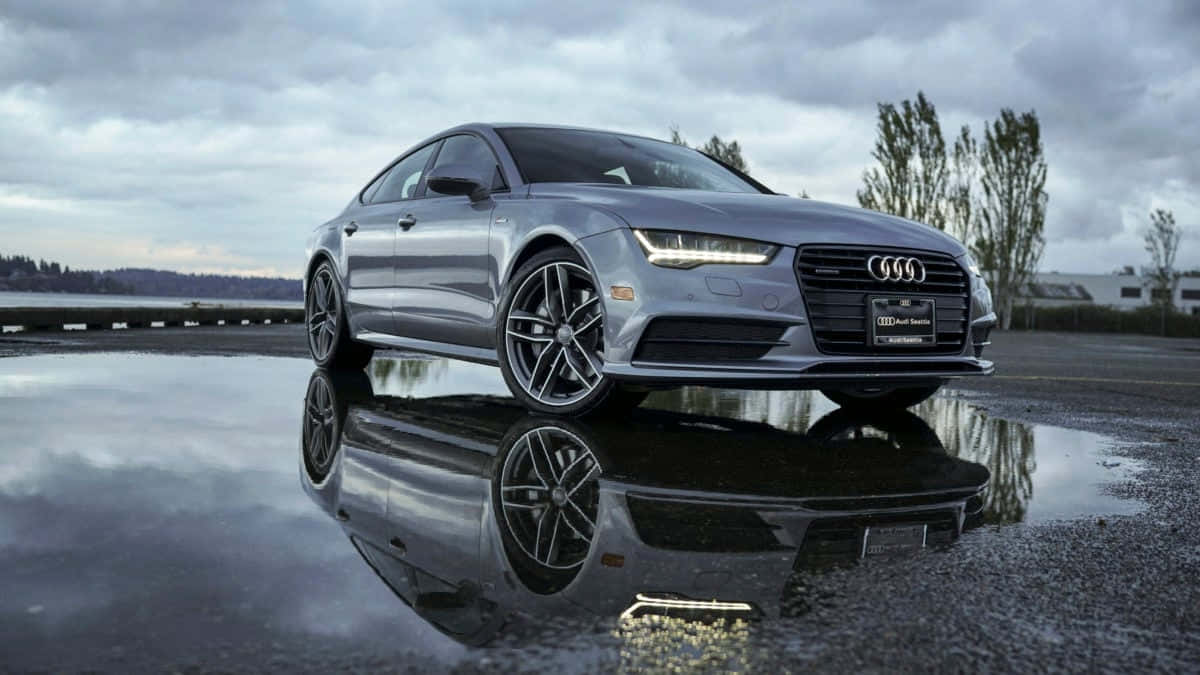 Audi S7, silver, rain puddle, SD Desktop Wallpaper