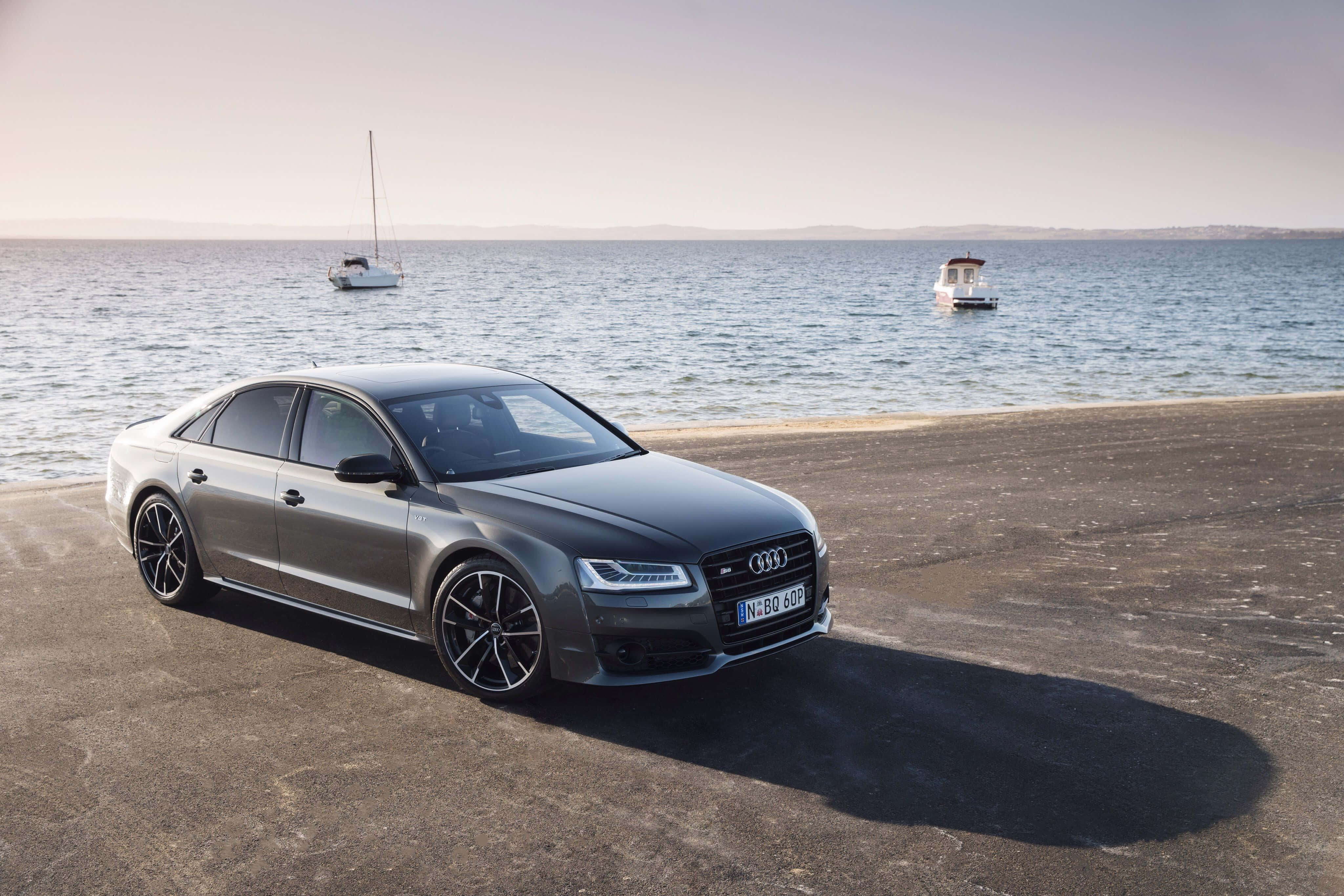 Audi S8, gray, sunlit concrete pier, 4K Desktop Wallpaper