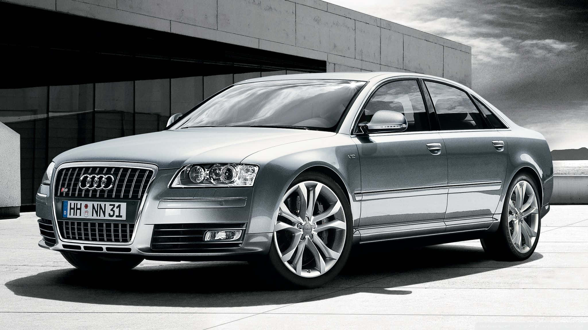 Audi S8, silver, modern concrete building, Full HD Desktop Wallpaper
