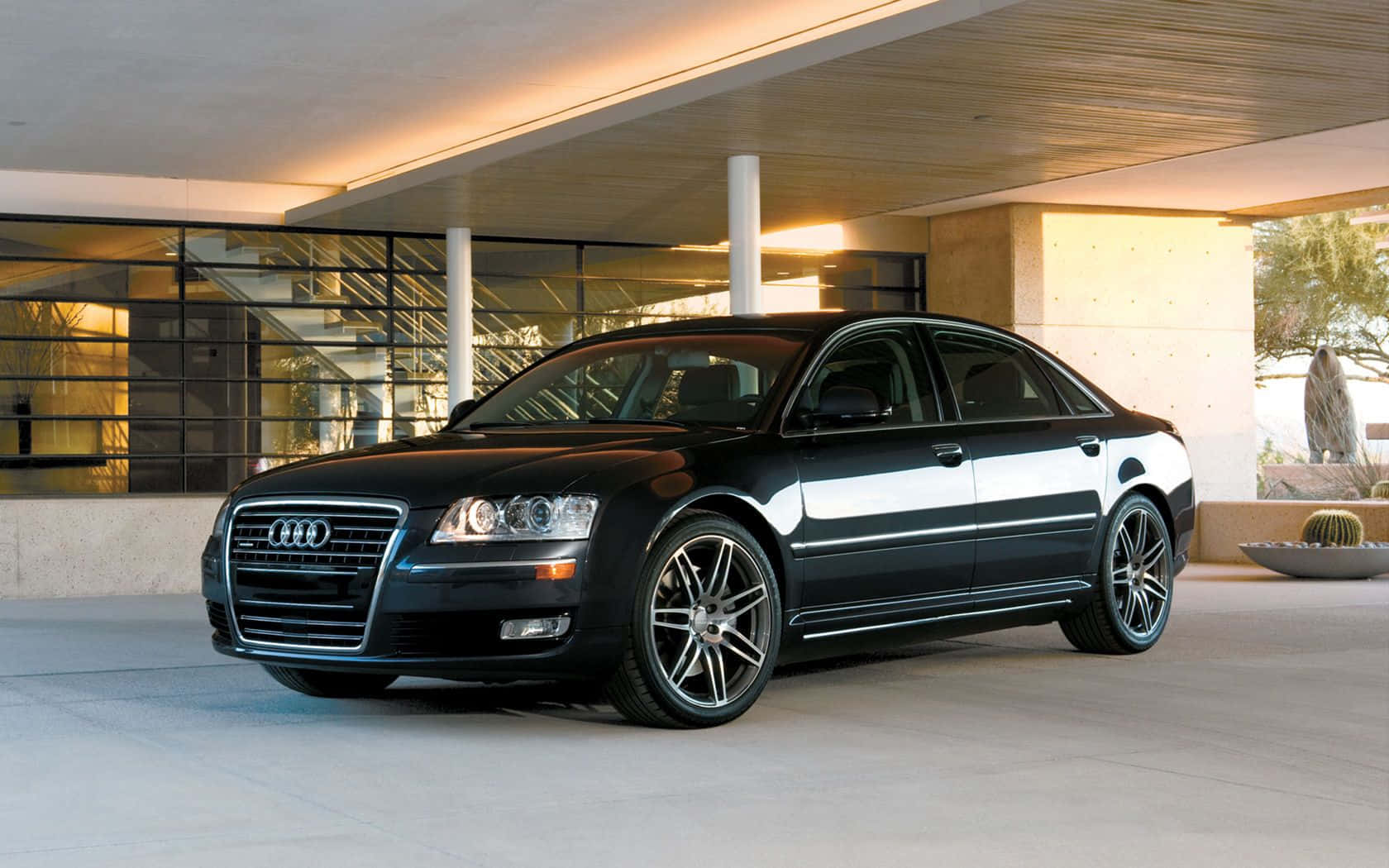 Audi S8, black, modern glass-and-concrete courtyard, HD Desktop Wallpaper