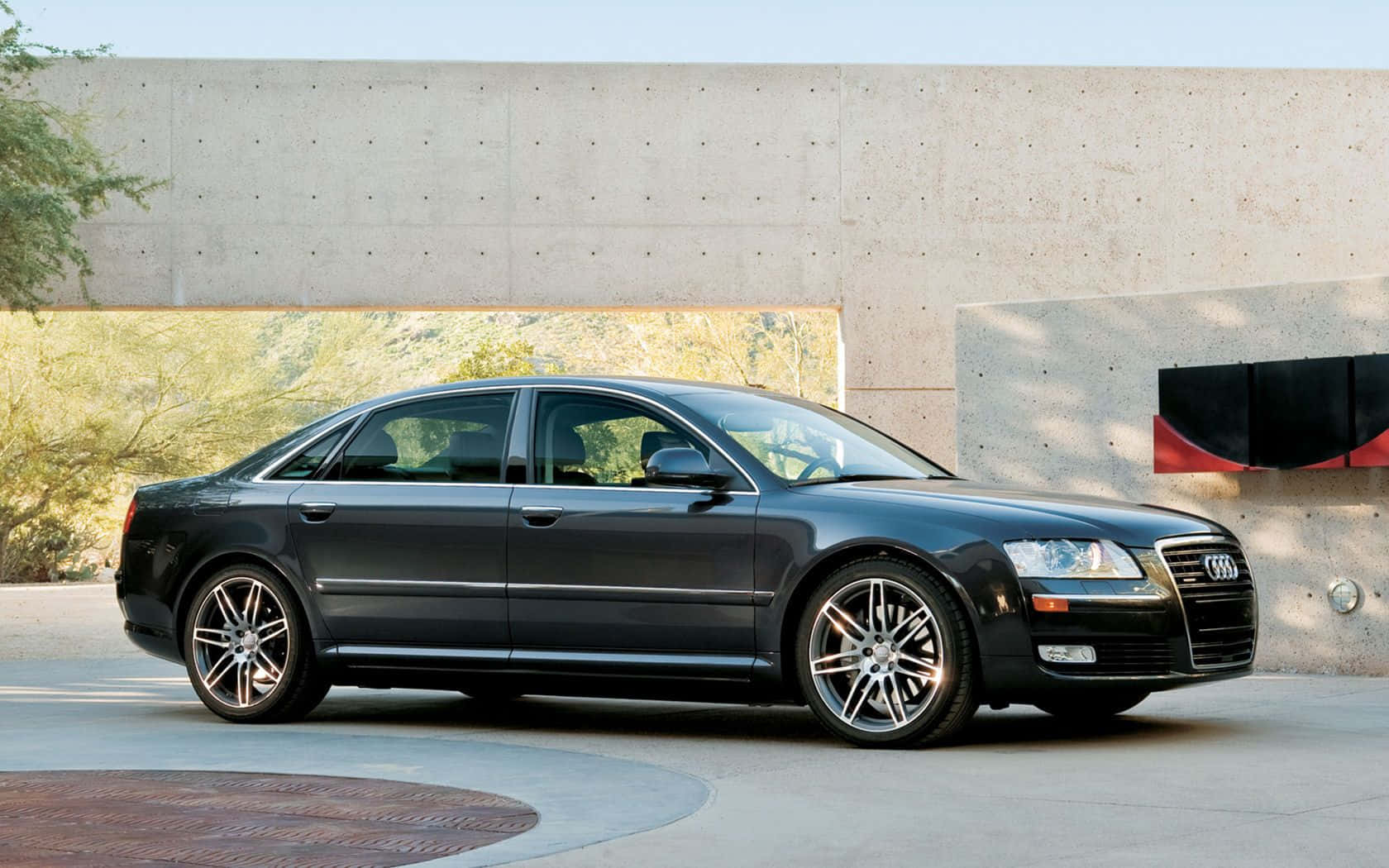 Audi S8, black, modern concrete building, HD Desktop Wallpaper