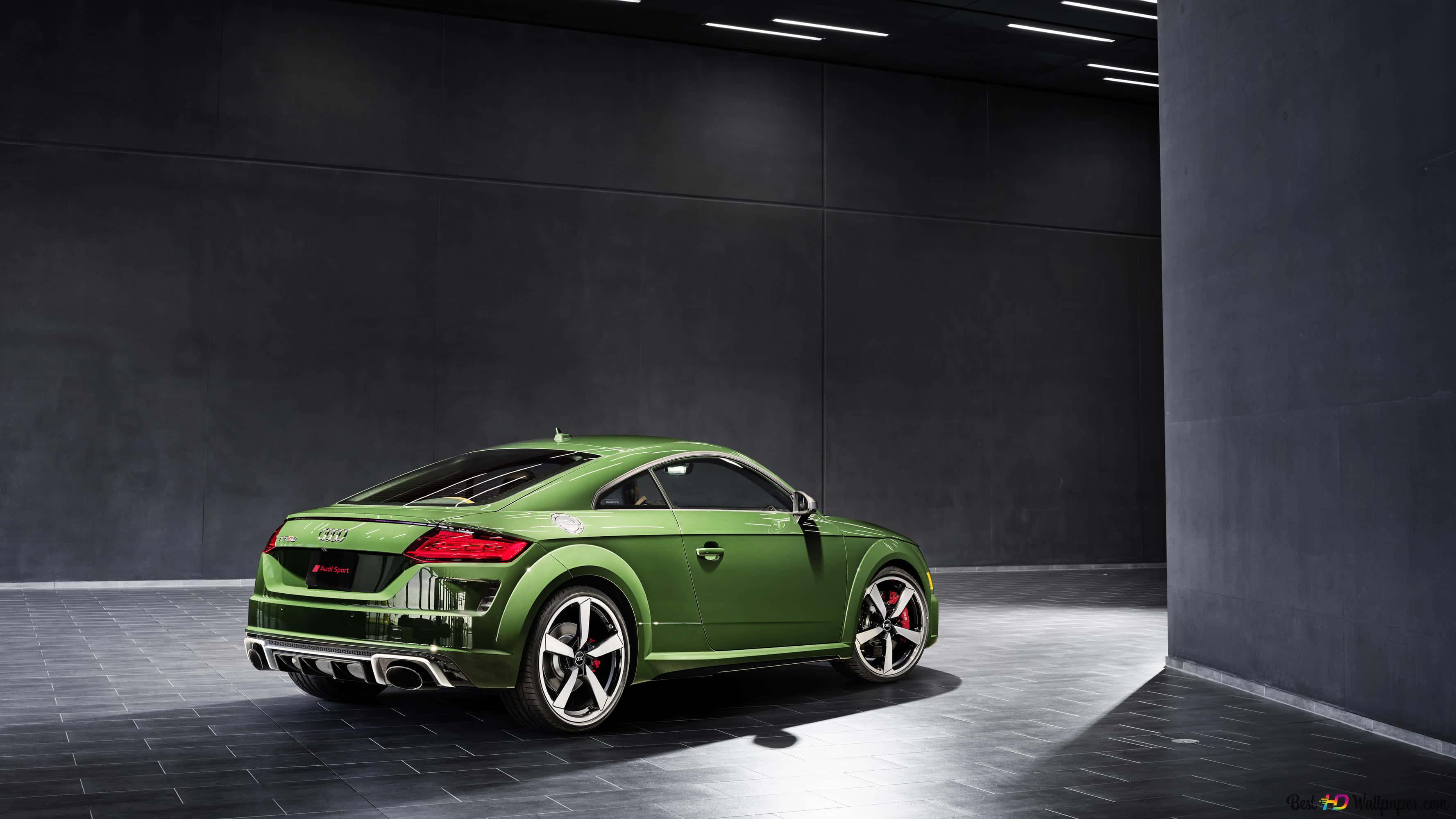 Audi TT RS, glossy green, minimalist industrial garage, 2K Desktop Wallpaper
