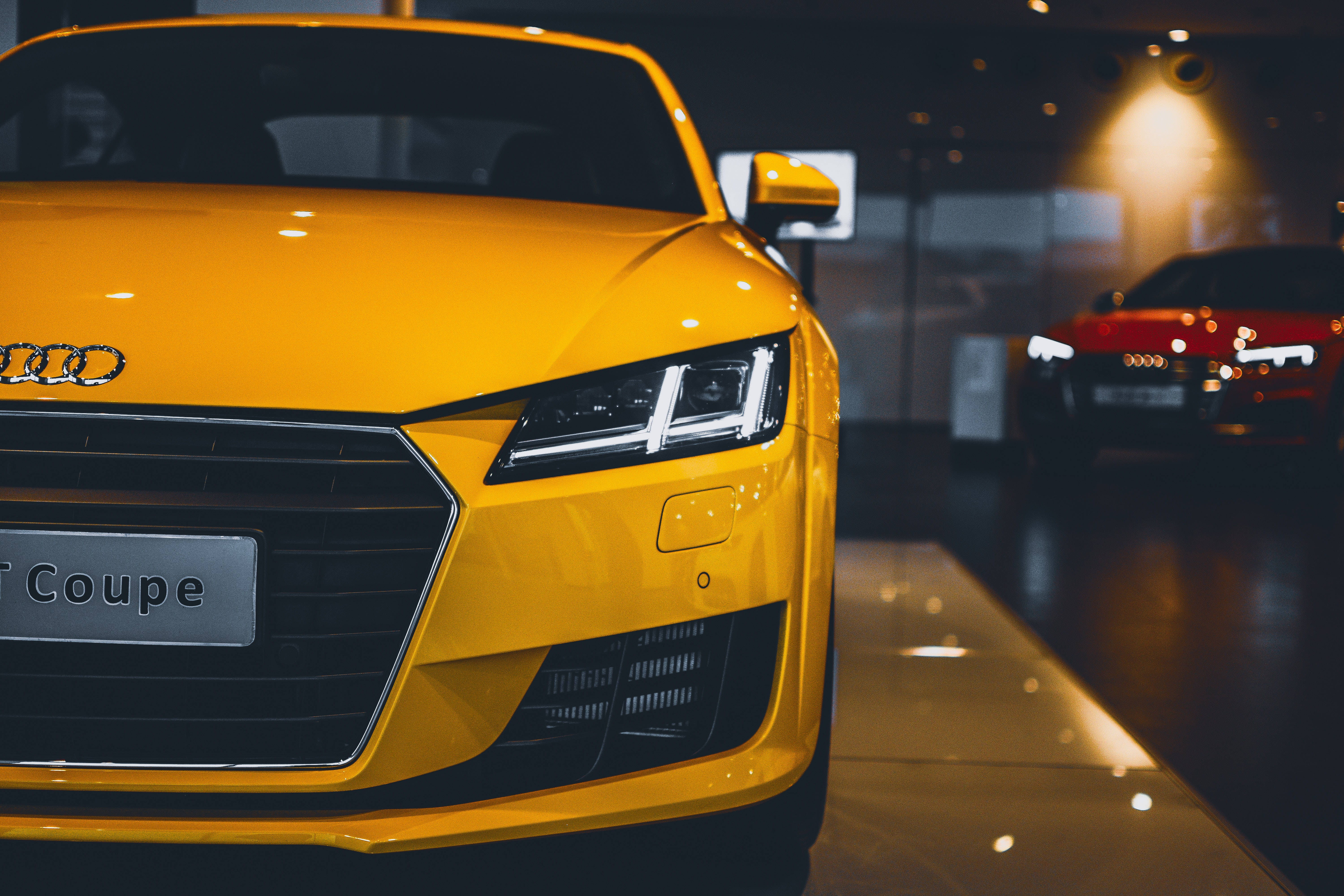 Audi TT, yellow headlight, showroom lights, 5K Desktop Wallpaper