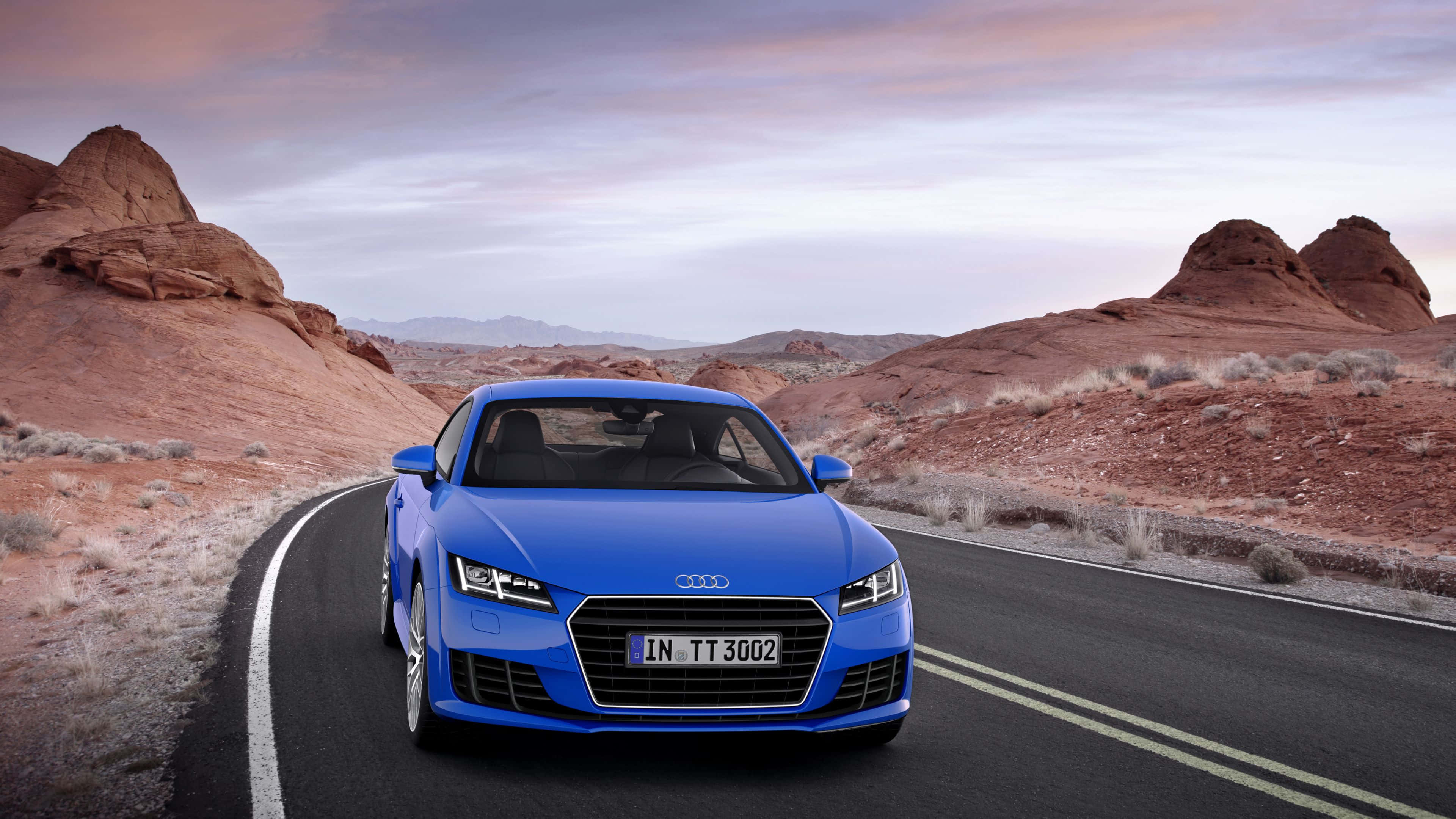 Audi TT, vibrant blue, winding desert road, 4K Desktop Wallpaper