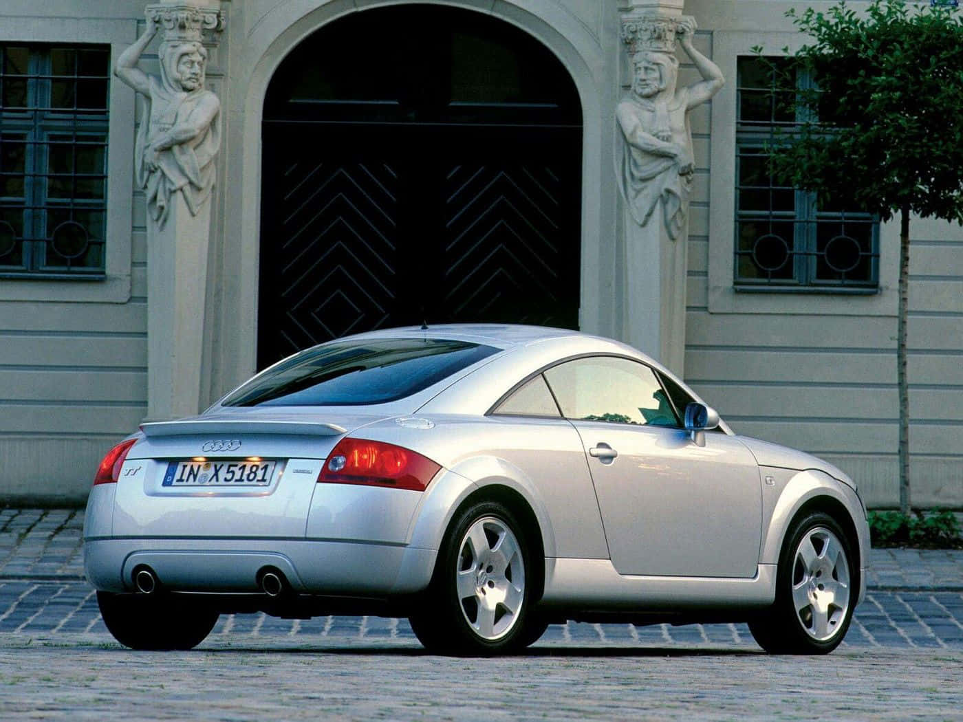 Audi TT, silver, cobblestone courtyard, HD Desktop Wallpaper