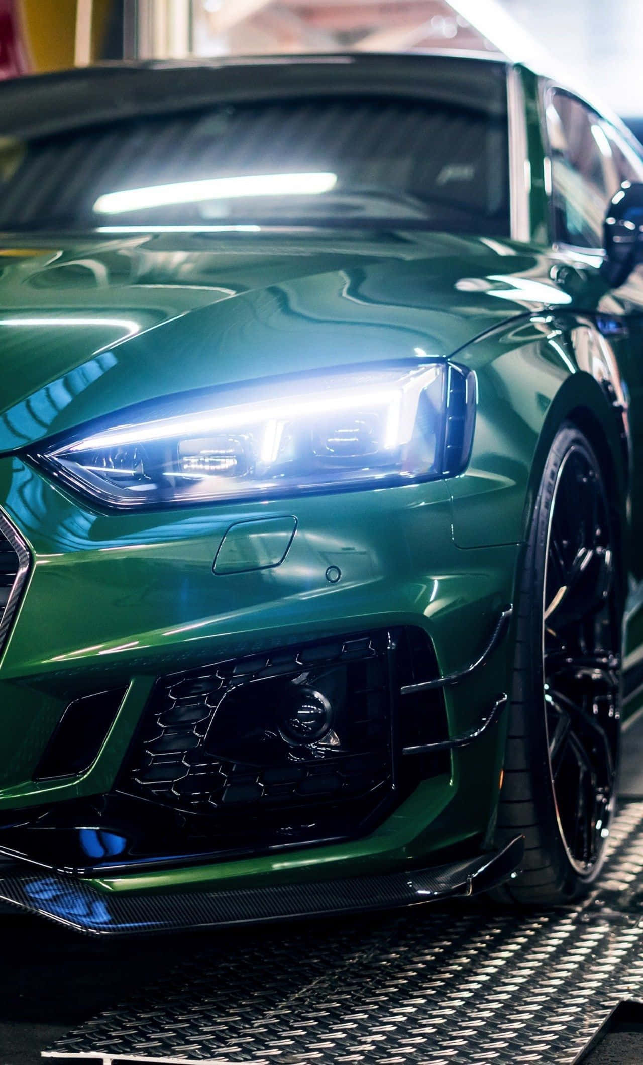 Audi, green, headlights, Full HD Phone Wallpaper
