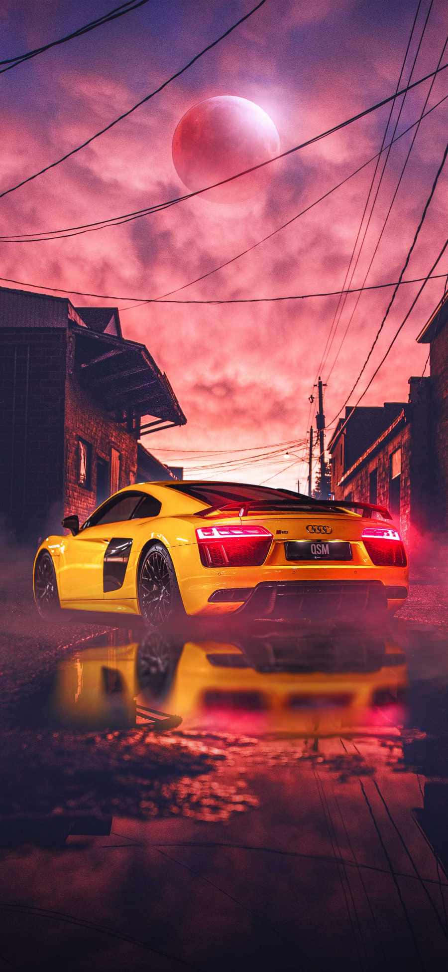Audi, yellow sports car, surreal pink sunset sky, Full HD Phone Wallpaper