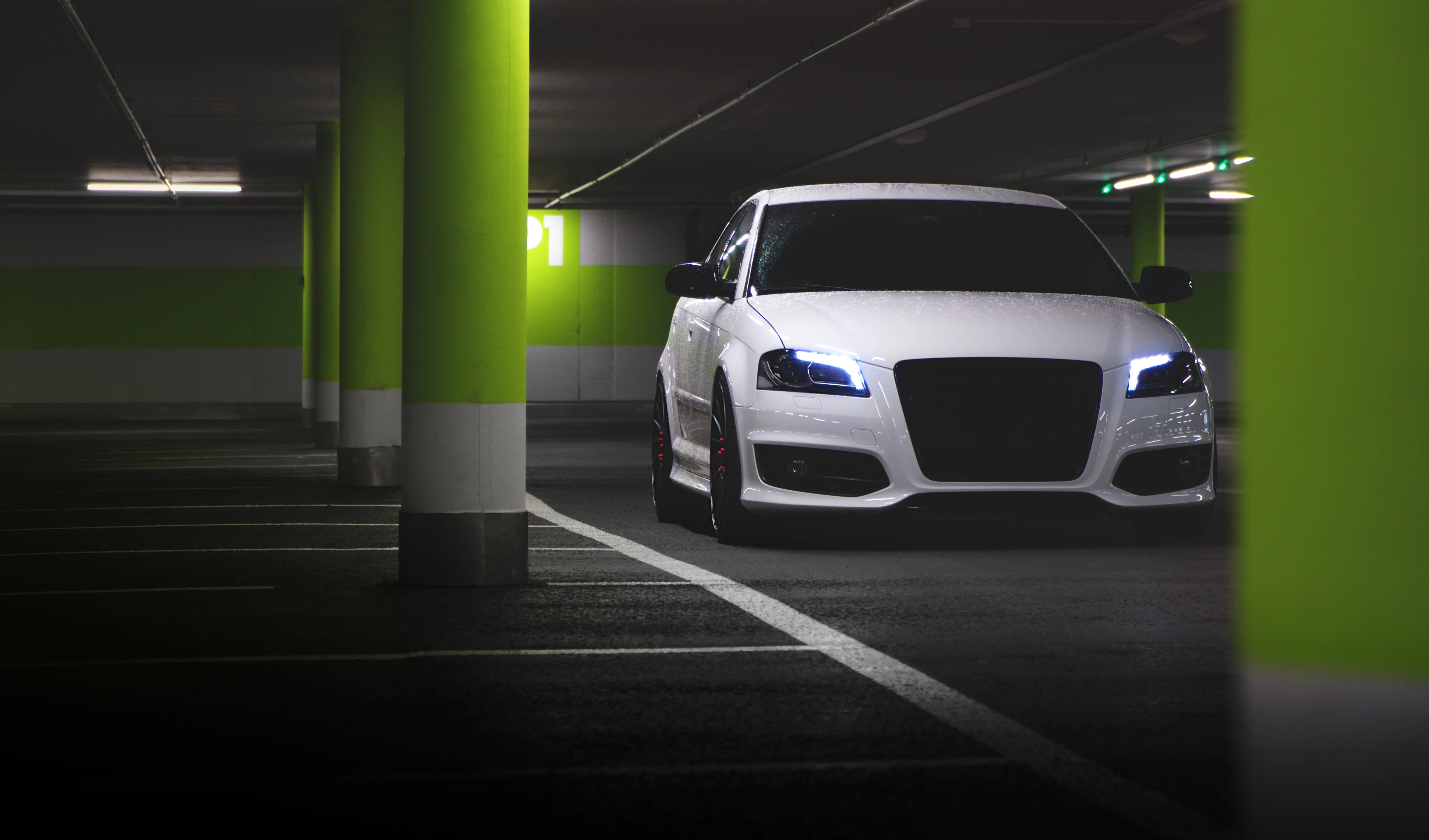white Audi, neon parking lot, glowing headlights, 5K Desktop Wallpaper