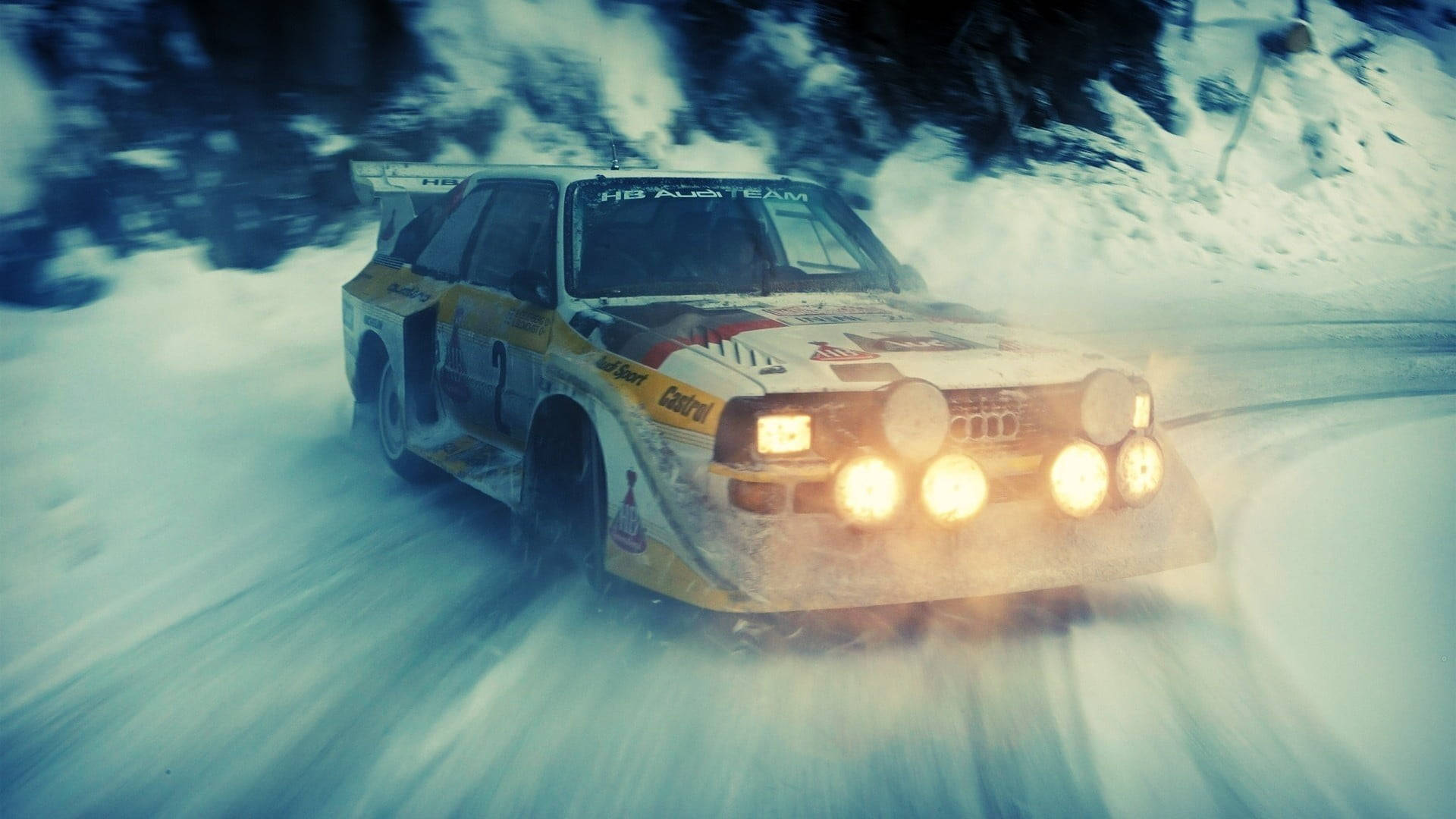 Audi, yellow rally car, snowy forest track, Full HD Desktop Wallpaper