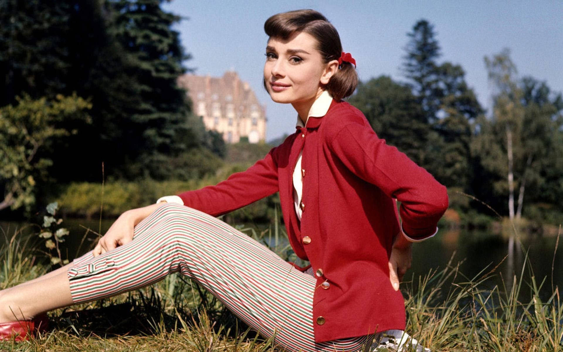 Audrey Hepburn, red jacket, striped pants, Full HD Desktop Wallpaper