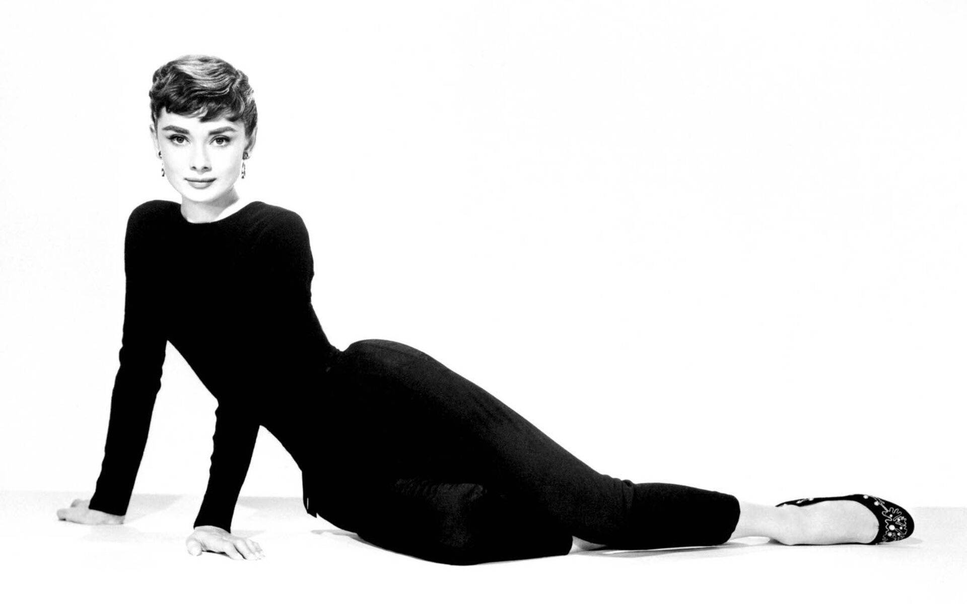 Audrey Hepburn, black dress, stark white background, Full HD Desktop Wallpaper