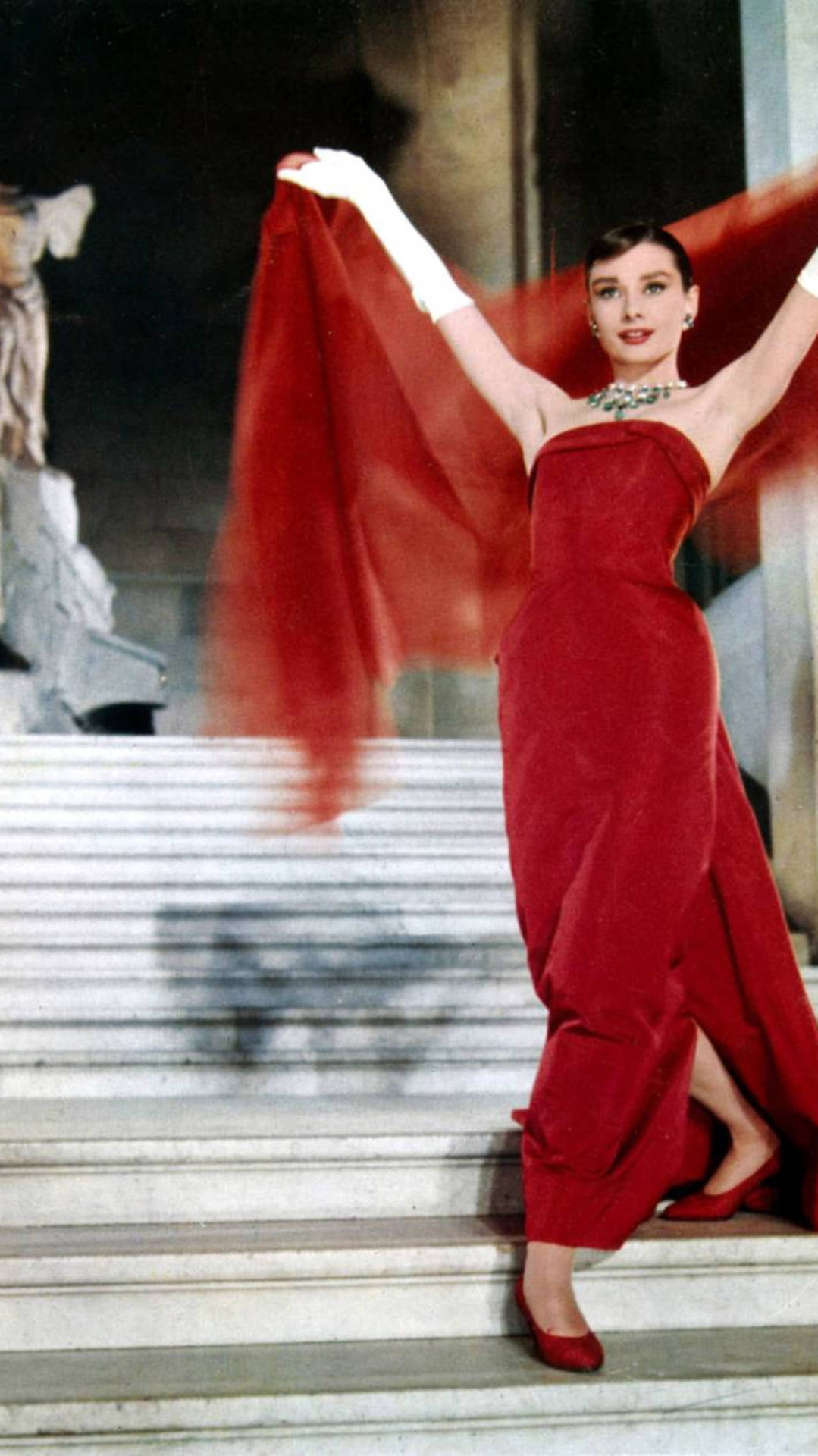 Audrey Hepburn, red dress, flowing red gown, Full HD Phone Wallpaper