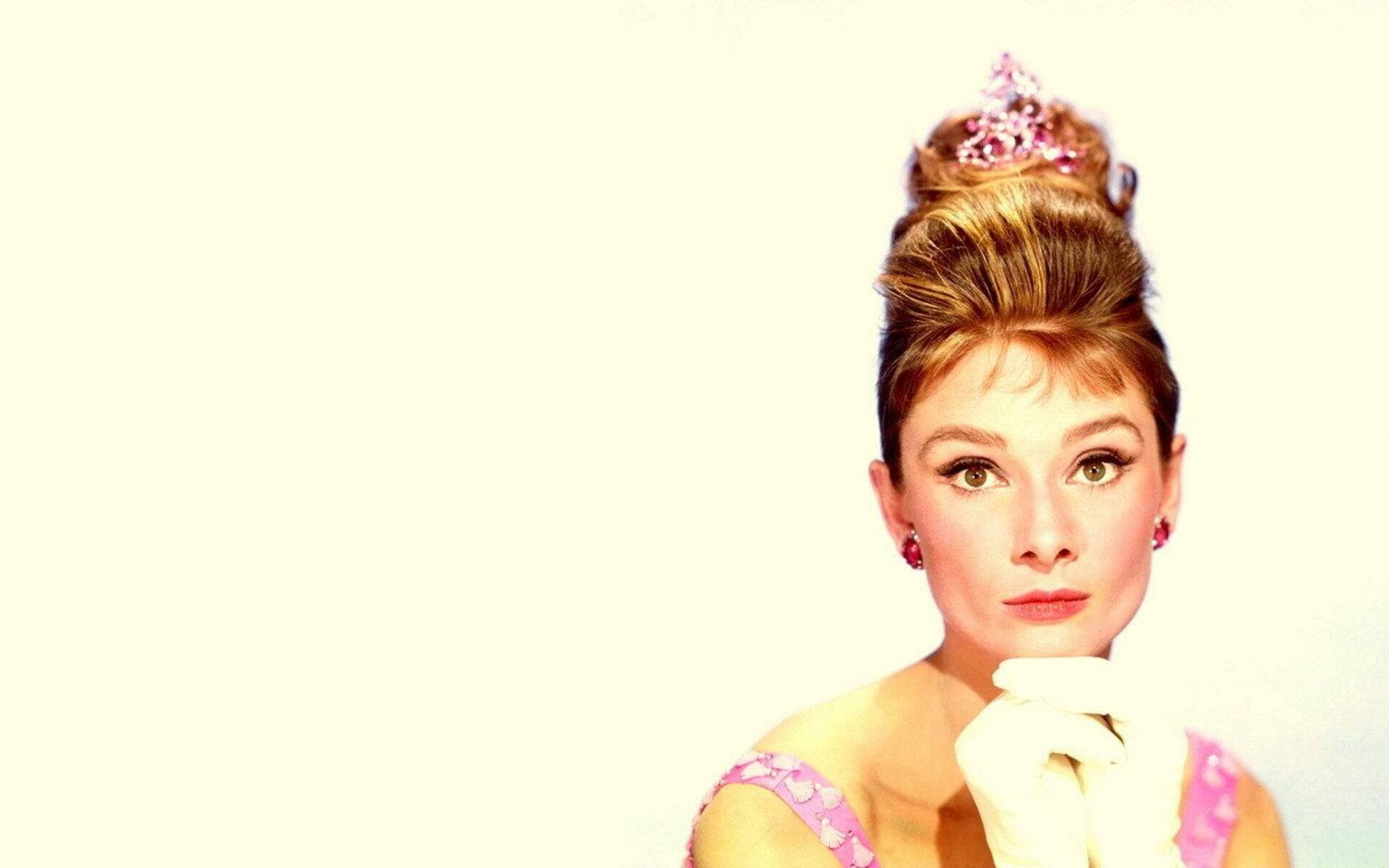 Audrey Hepburn, vintage pink gown, tiara, Full HD Desktop Wallpaper