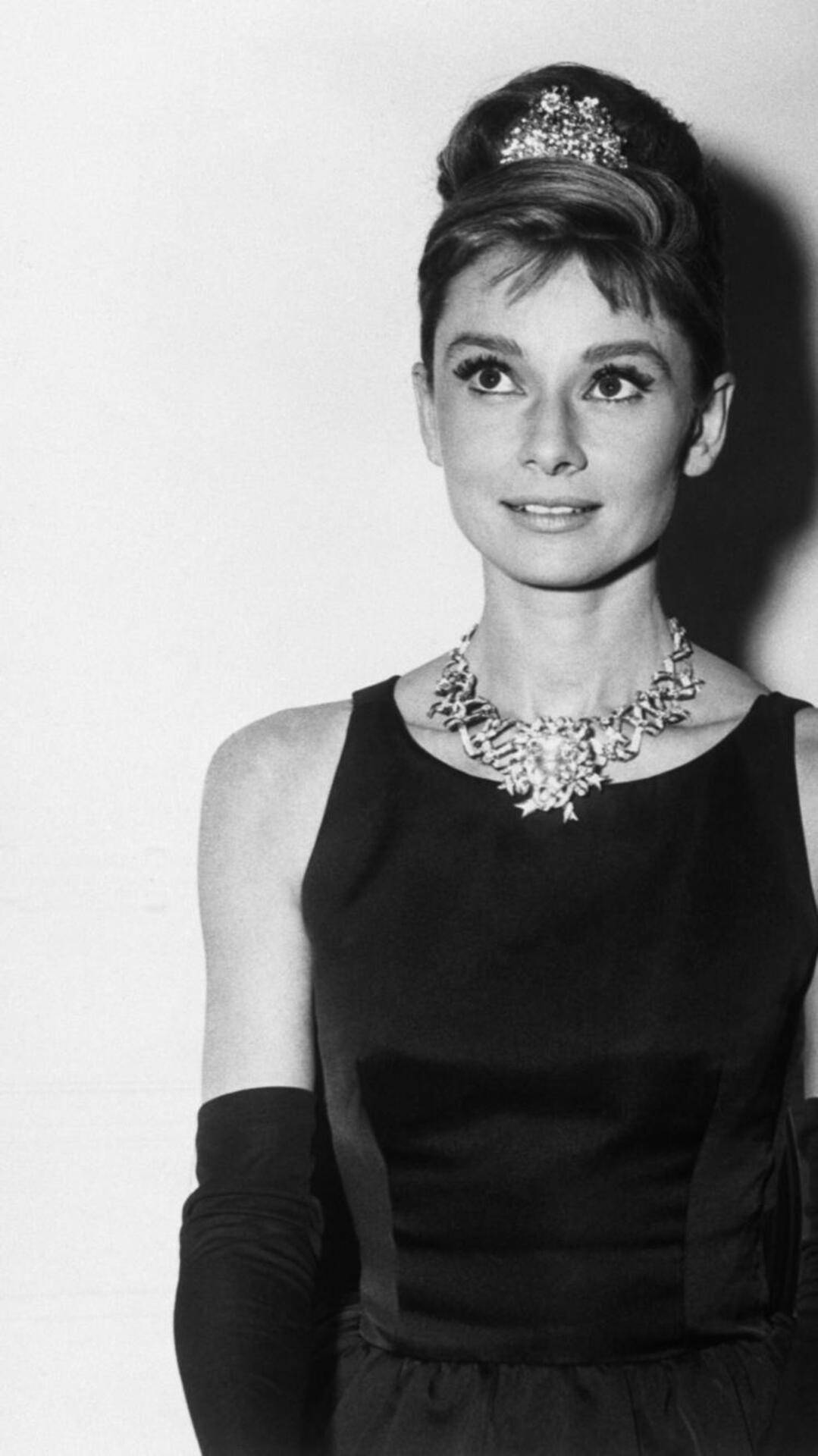 Audrey Hepburn, black dress, sparkling tiara, Full HD Phone Wallpaper