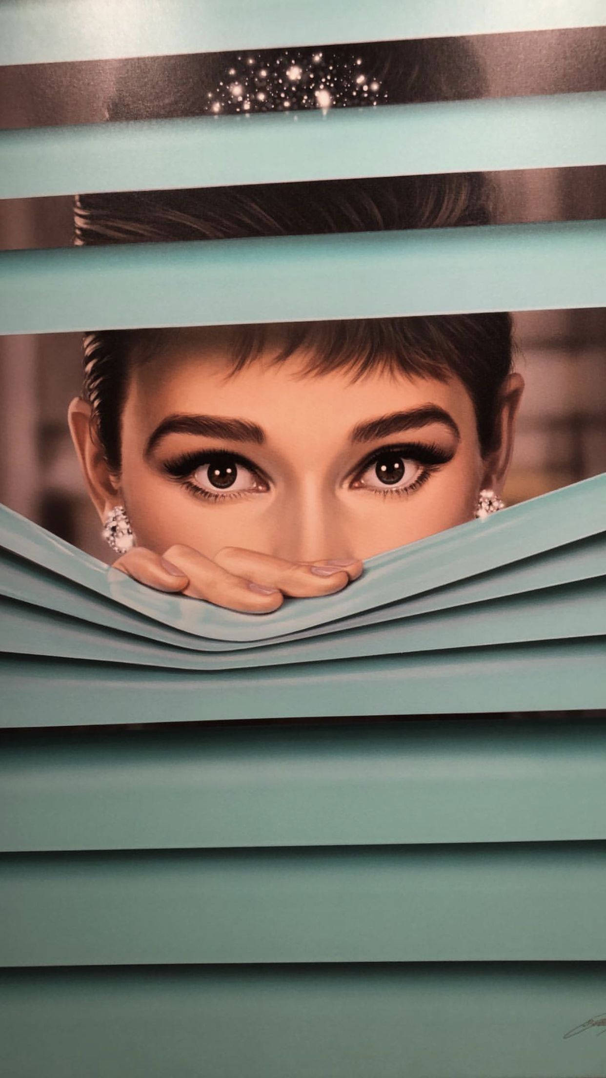 Audrey Hepburn, teal blinds, sparkling tiara, Full HD Phone Wallpaper