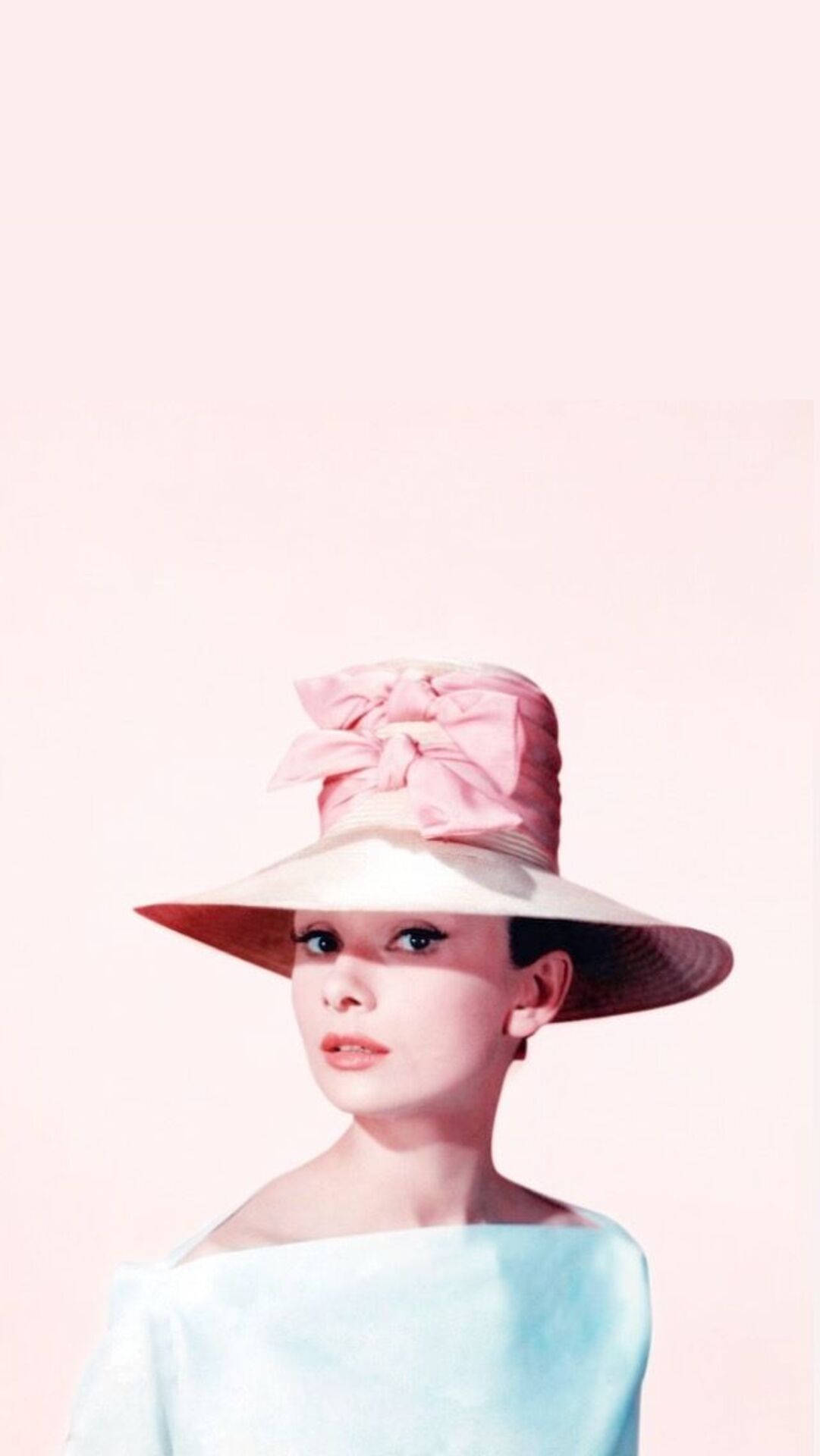 Audrey Hepburn, pink hat, light blue dress, Full HD Phone Wallpaper