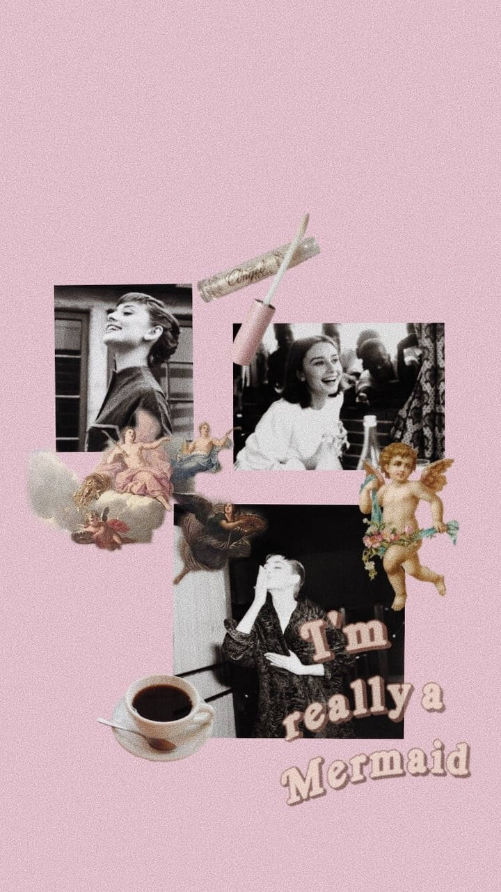 Audrey Hepburn, pink textured collage, vintage black and white photos, HD Phone Wallpaper