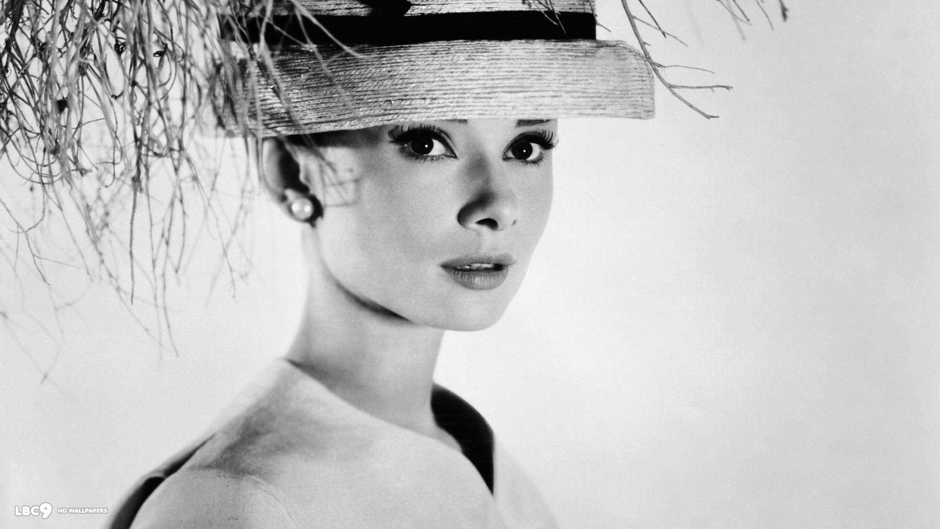 Audrey Hepburn, wide-brimmed hat, feathers, Full HD Desktop Wallpaper