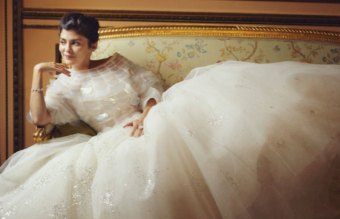 Audrey Tautou, white dress, sparkling white gown, HD Desktop Wallpaper