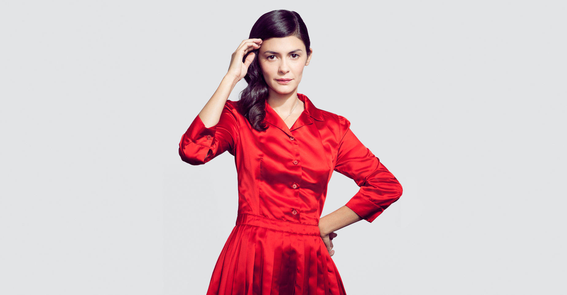 Audrey Tautou, red dress, glossy finish, HD Desktop Wallpaper