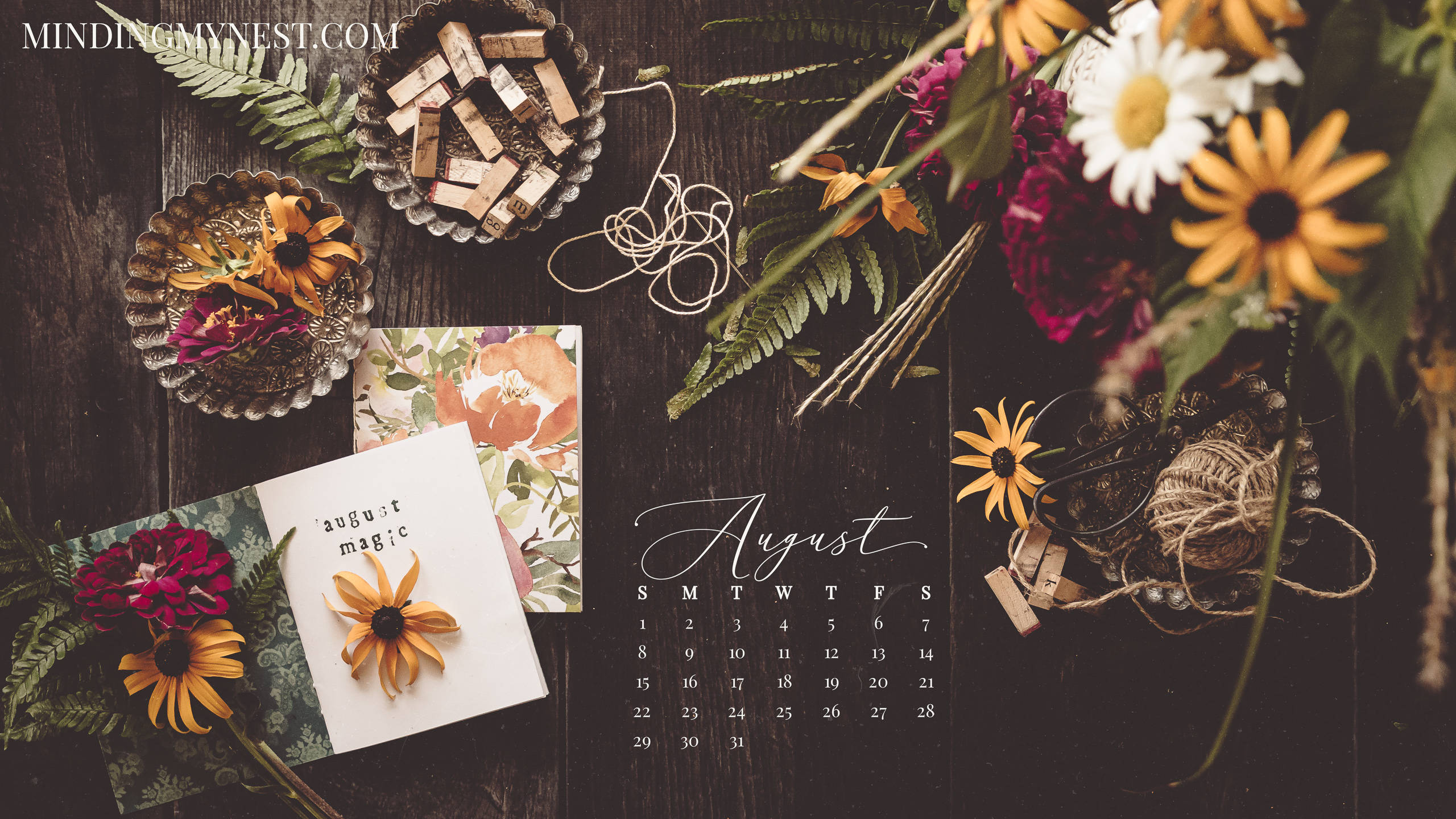 August 2021 Calendar, sunflowers, ferns, 2K Desktop Wallpaper
