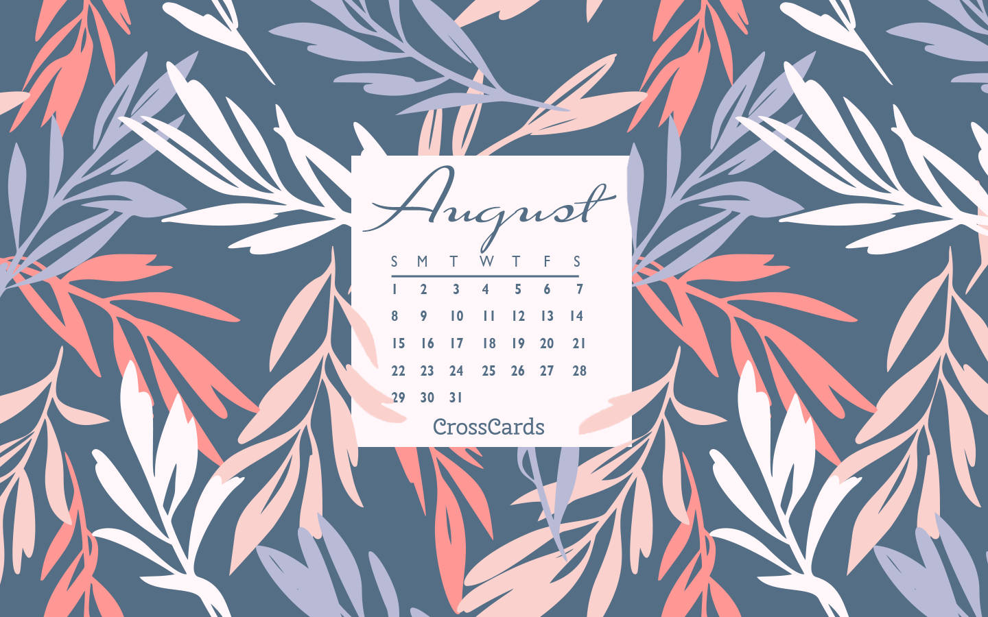 August 2021 Calendar, soft coral, lavender leaf patterns, HD Desktop Wallpaper