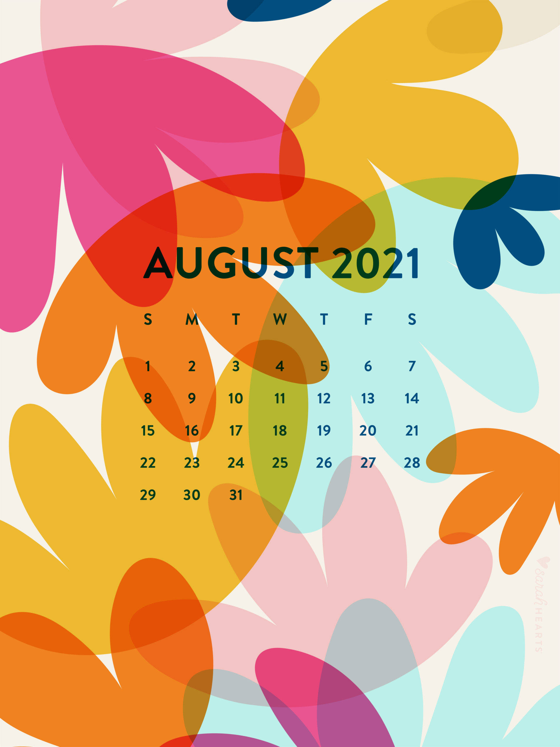 August 2021 Calendar, vibrant abstract floral shapes, bold colors, 2K Phone Wallpaper