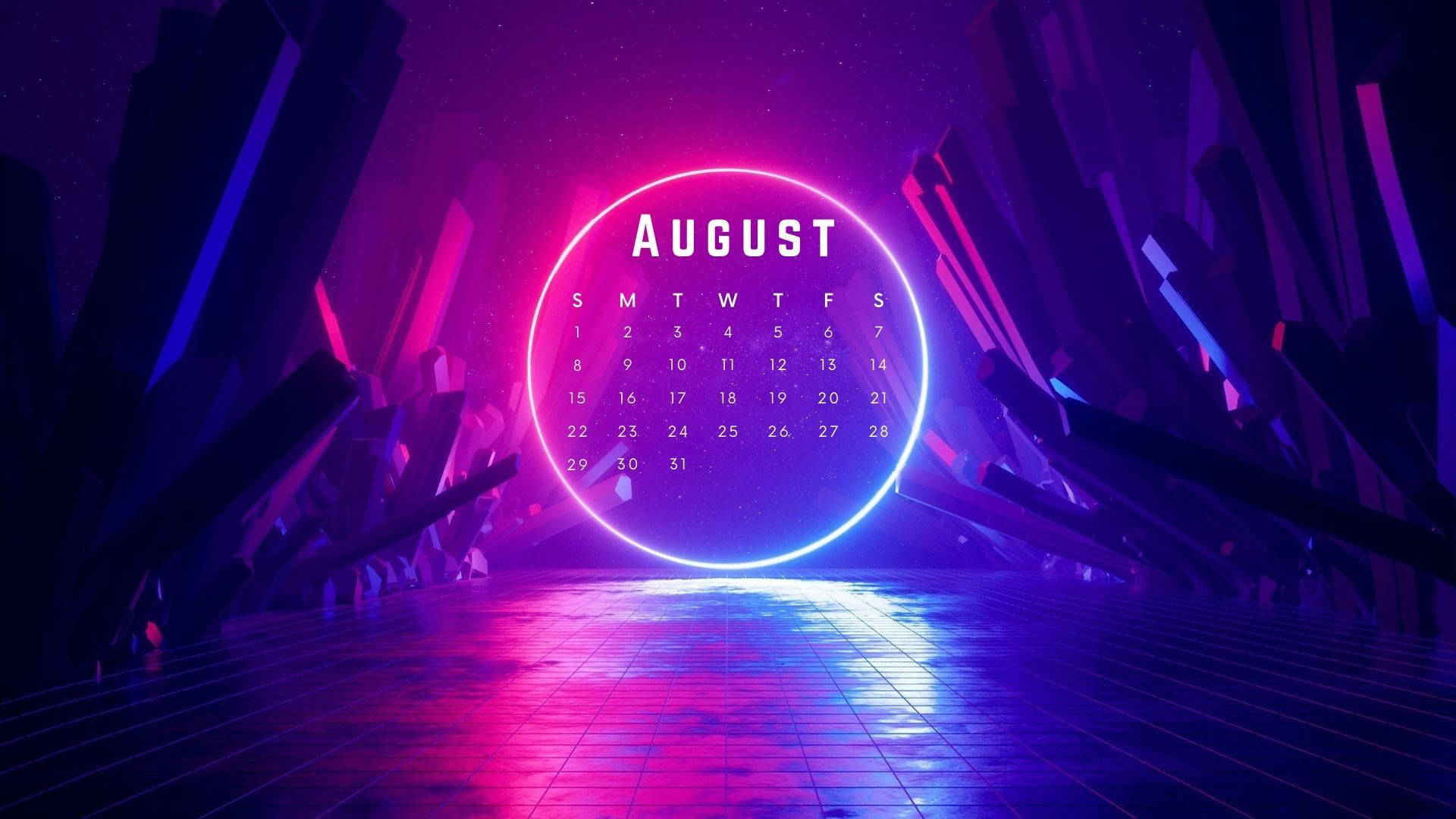August 2021 Calendar, neon lights, circular shape, Full HD Desktop Wallpaper