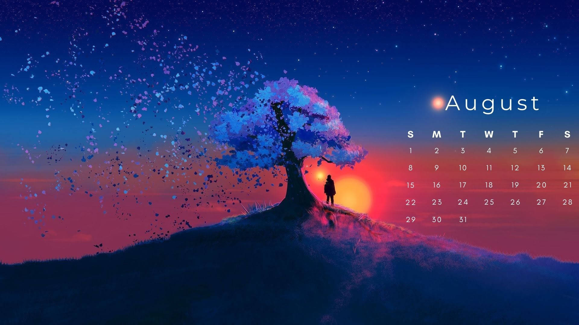 August 2021 Calendar, glowing tree, hill, Full HD Desktop Wallpaper