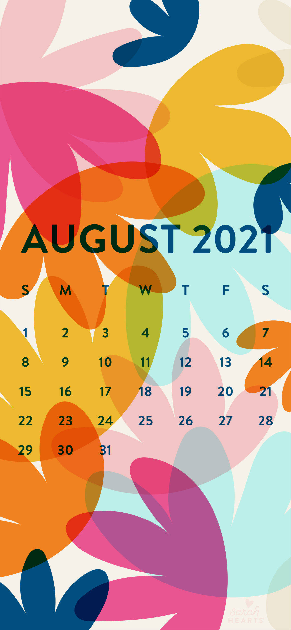 August 2021 Calendar, colorful leaves, vibrant abstract floral shapes, 2K Phone Wallpaper