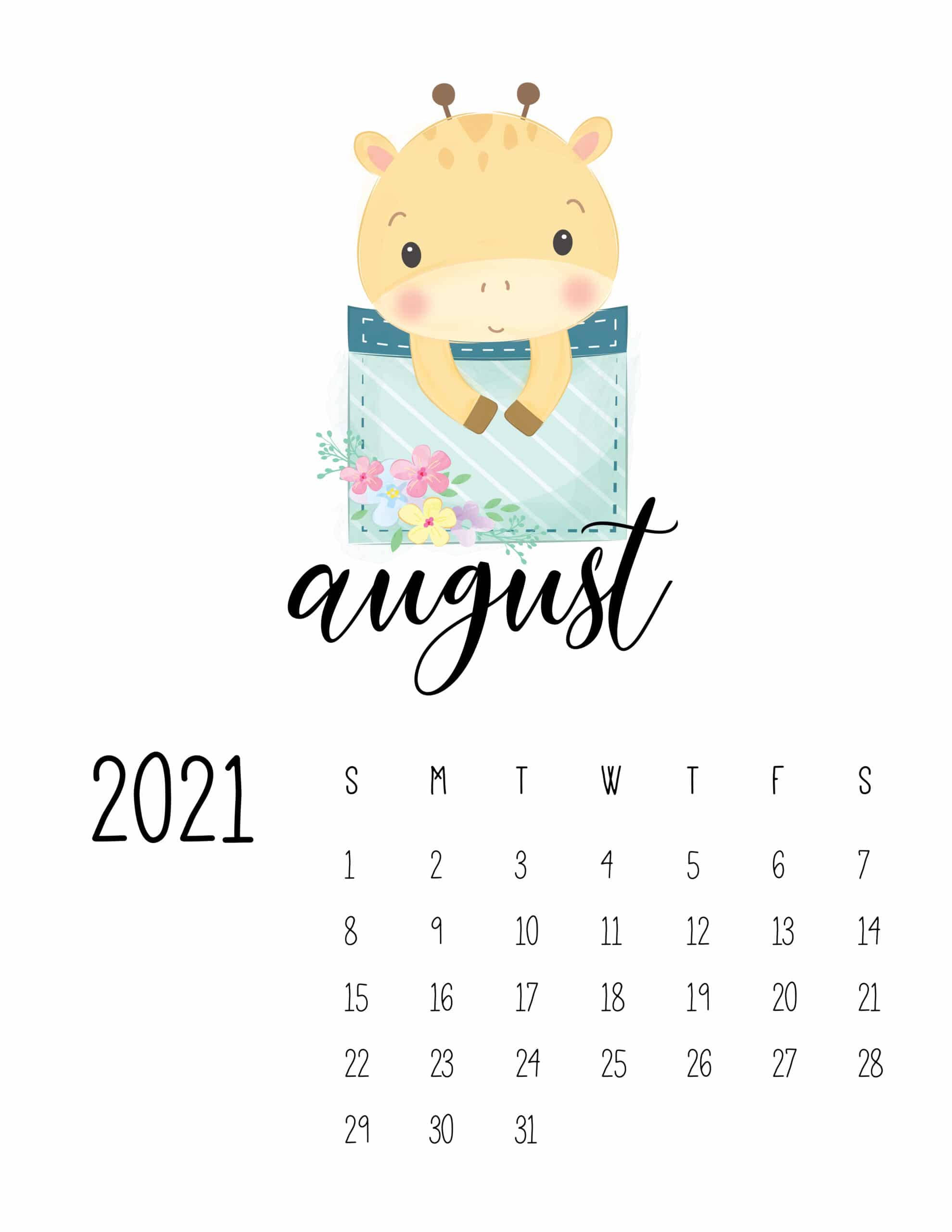 giraffe, August 2021 calendar, floral pocket, 2K Phone Wallpaper