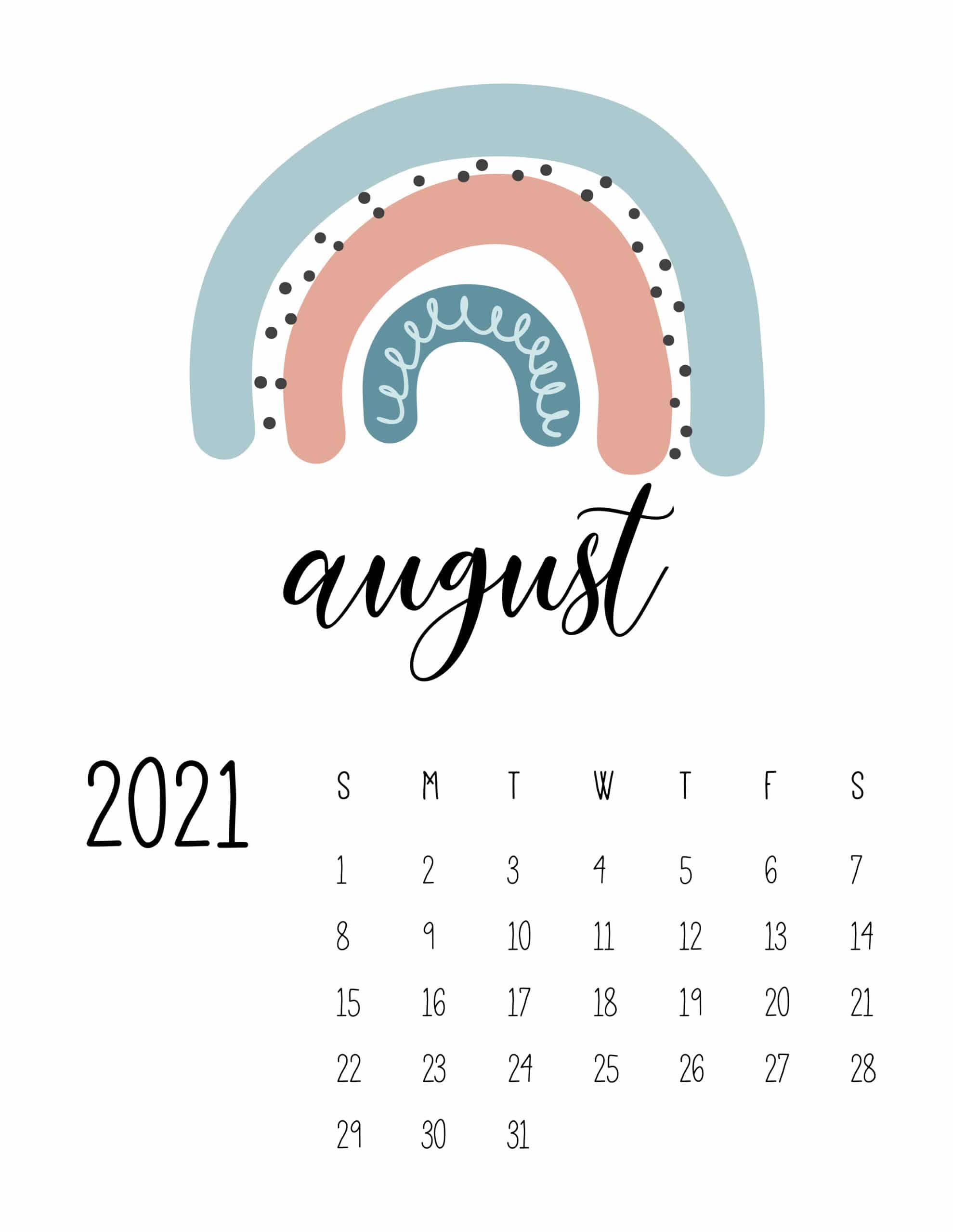 August 2021 Calendar, minimalist, pastel rainbow graphic, 2K Phone Wallpaper
